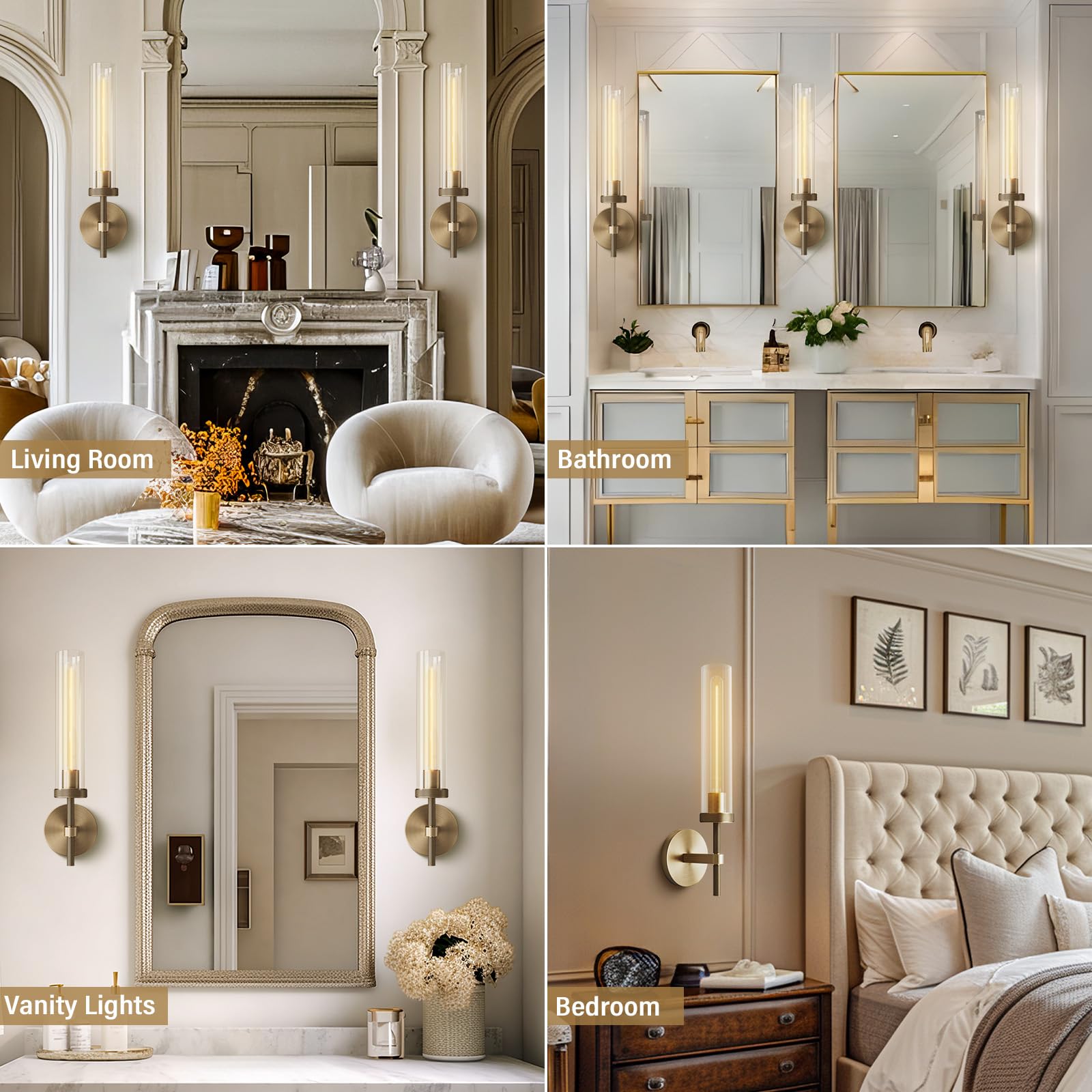 Brass Wall Sconces Set of 2, Double Lights 30" Knurled Texture Indoor Wall Light Fixtures, Bathroom Vanity Light Fixtures with Clear Glass, Modern Wall Lamp for Living Room Hallway(Bulb Included) - Camilalamps - B0CNGSBBJ3