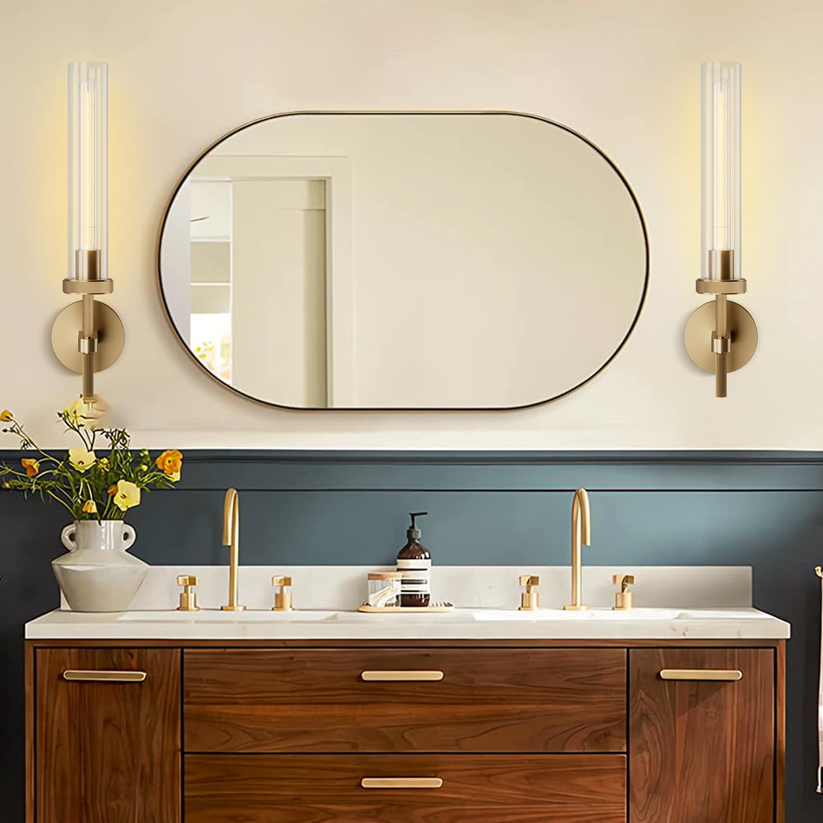 Brass Wall Sconces Set of 2, Double Lights 30" Knurled Texture Indoor Wall Light Fixtures, Bathroom Vanity Light Fixtures with Clear Glass, Modern Wall Lamp for Living Room Hallway(Bulb Included) - Camilalamps - B0CNGSBBJ3