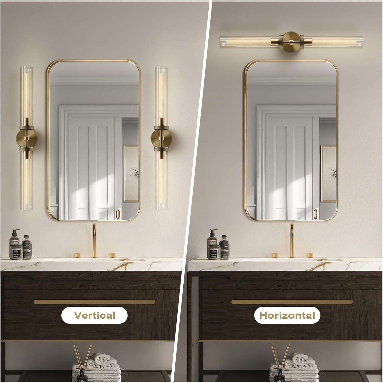 Brass Wall Sconces Set of 2, Double Lights 30" Knurled Texture Indoor Wall Light Fixtures, Bathroom Vanity Light Fixtures with Clear Glass, Modern Wall Lamp for Living Room Hallway(Bulb Included) - Camilalamps - B0CNGSBBJ3