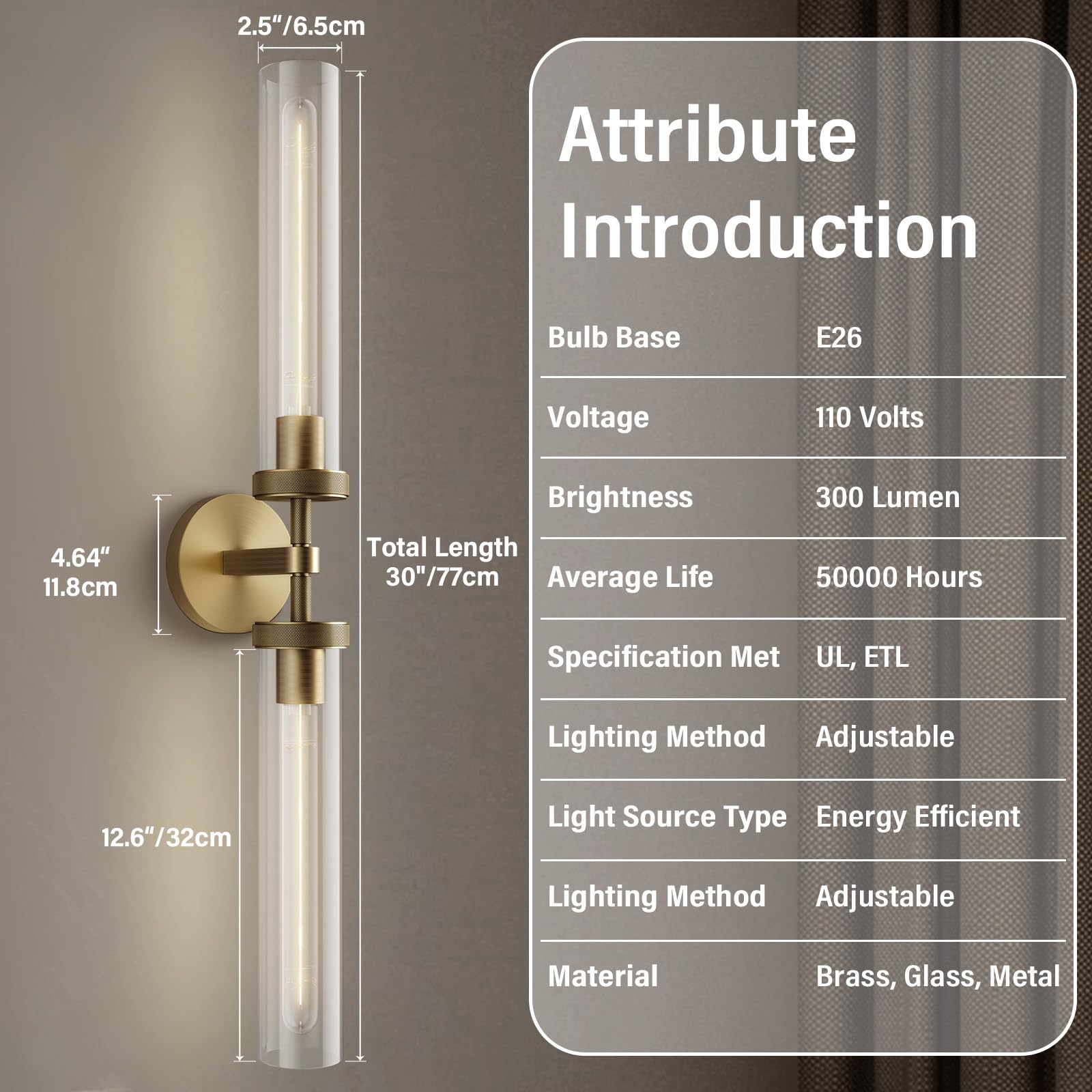 Brass Wall Sconces Set of 2, Double Lights 30" Knurled Texture Indoor Wall Light Fixtures, Bathroom Vanity Light Fixtures with Clear Glass, Modern Wall Lamp for Living Room Hallway(Bulb Included) - Camilalamps - B0CNGSBBJ3