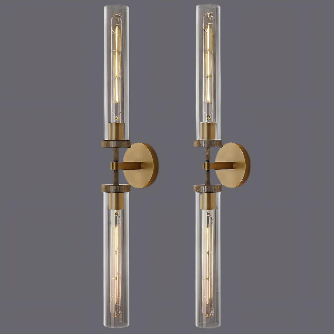 Brass Wall Sconces Set of 2, Double Lights 30" Knurled Texture Indoor Wall Light Fixtures, Bathroom Vanity Light Fixtures with Clear Glass, Modern Wall Lamp for Living Room Hallway(Bulb Included) - Camilalamps - B0CNGWDR5Y