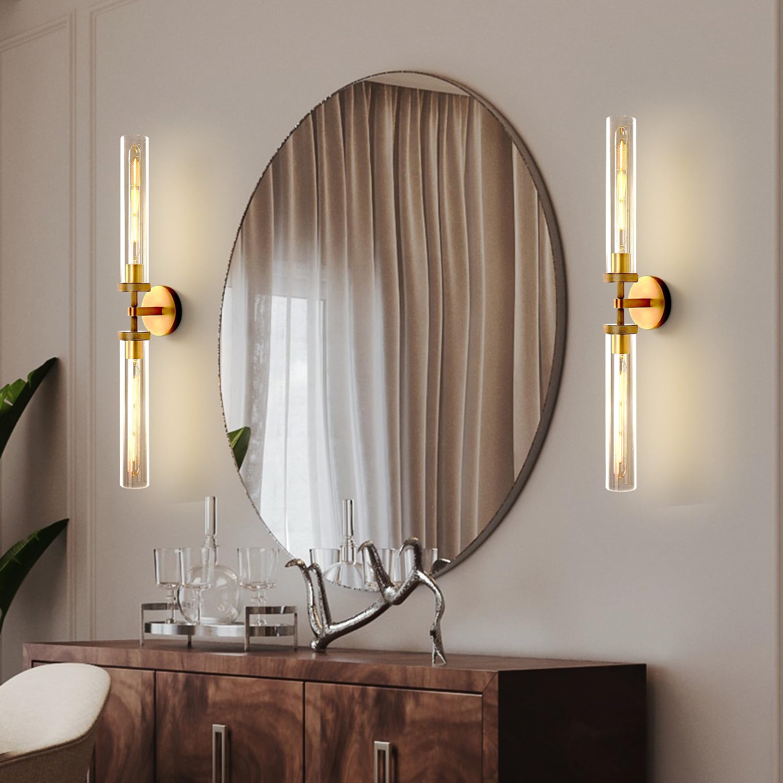 Brass Wall Sconces Set of 2, Double Lights 30" Knurled Texture Indoor Wall Light Fixtures, Bathroom Vanity Light Fixtures with Clear Glass, Modern Wall Lamp for Living Room Hallway(Bulb Included) - Camilalamps - B0CNGSBBJ3