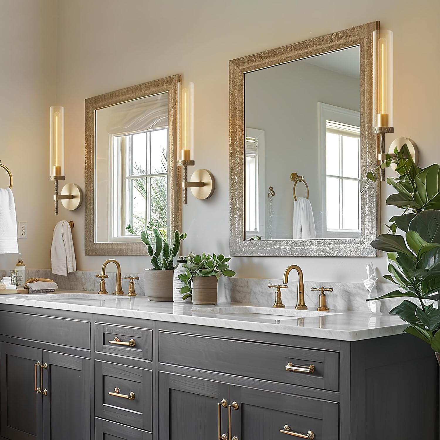 Brass Wall Sconces Set of 2, Double Lights 30" Knurled Texture Indoor Wall Light Fixtures, Bathroom Vanity Light Fixtures with Clear Glass, Modern Wall Lamp for Living Room Hallway(Bulb Included) - Camilalamps - B0CNGSBBJ3