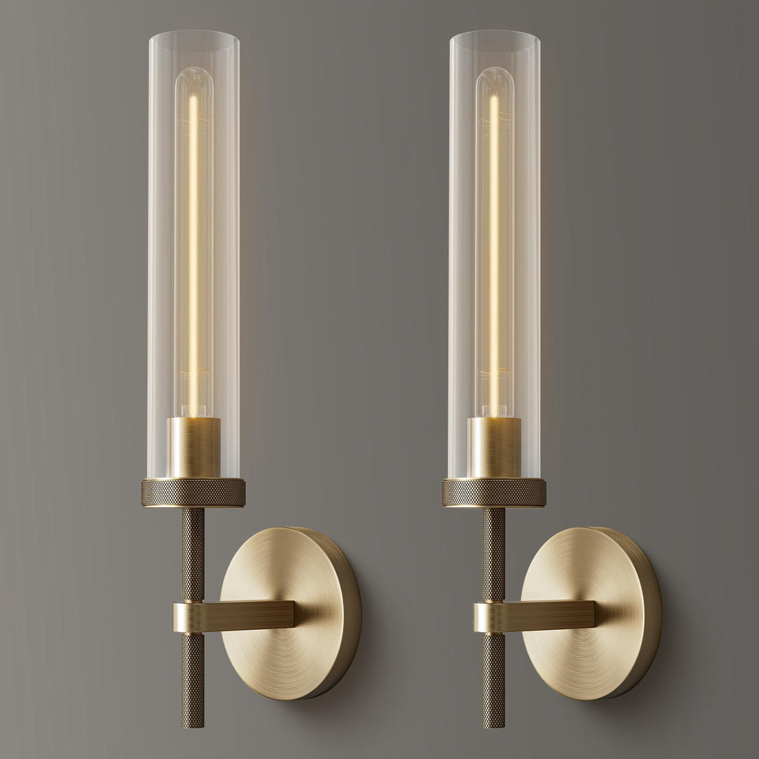 Brass Wall Sconces Set of 2, Double Lights 30" Knurled Texture Indoor Wall Light Fixtures, Bathroom Vanity Light Fixtures with Clear Glass, Modern Wall Lamp for Living Room Hallway(Bulb Included) - Camilalamps - B0CNGWDR5Y