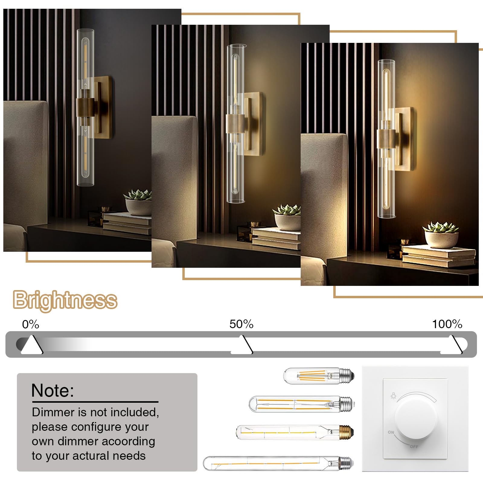 Brass Wall Sconces Set of Two, 22.8'' Gold Bathroom Sconces Wall Decor with Clear Glass Shade, Indoor Vanity Wall Lights for Bathroom Living Room Bedroom Hallway Fireplace Staircase - Camilalamps - B0BFWHL1S4