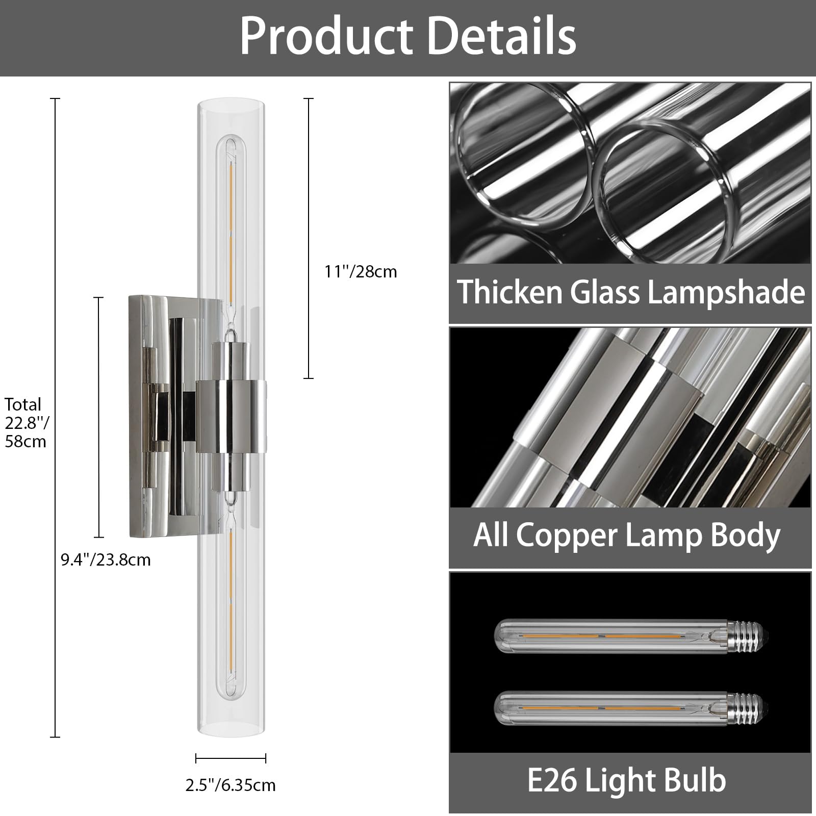 Brass Wall Sconces Set of Two, 22.8'' Gold Bathroom Sconces Wall Decor with Clear Glass Shade, Indoor Vanity Wall Lights for Bathroom Living Room Bedroom Hallway Fireplace Staircase - Camilalamps - B0BFWHL1S4