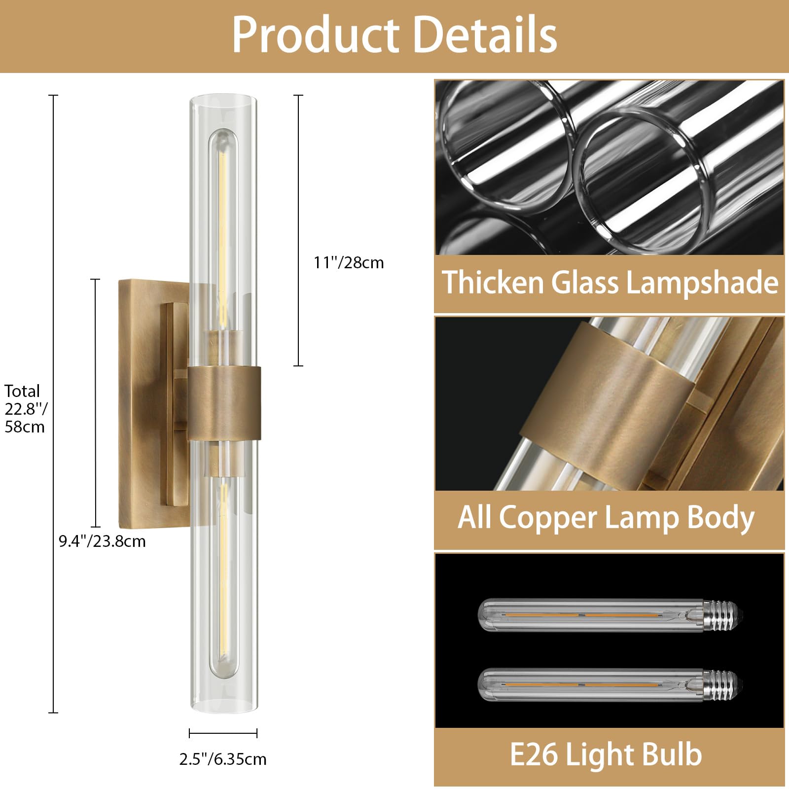 Brass Wall Sconces Set of Two, 22.8'' Gold Bathroom Sconces Wall Decor with Clear Glass Shade, Indoor Vanity Wall Lights for Bathroom Living Room Bedroom Hallway Fireplace Staircase - Camilalamps - B0BFWHL1S4