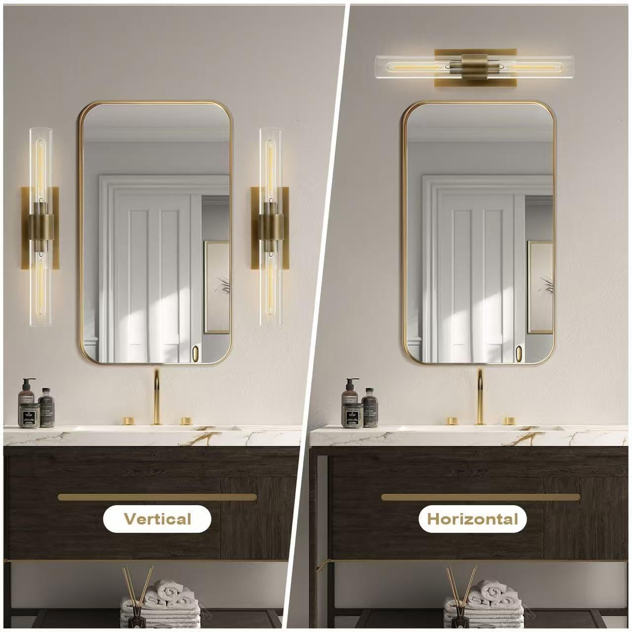 Brass Wall Sconces Set of Two, 22.8'' Gold Bathroom Sconces Wall Decor with Clear Glass Shade, Indoor Vanity Wall Lights for Bathroom Living Room Bedroom Hallway Fireplace Staircase - Camilalamps - B0BFWHL1S4