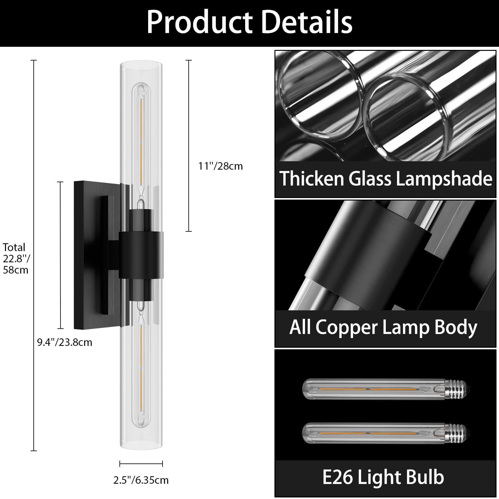 Brass Wall Sconces Set of Two, 22.8'' Gold Bathroom Sconces Wall Decor with Clear Glass Shade, Indoor Vanity Wall Lights for Bathroom Living Room Bedroom Hallway Fireplace Staircase - Camilalamps - B0BFWHL1S4