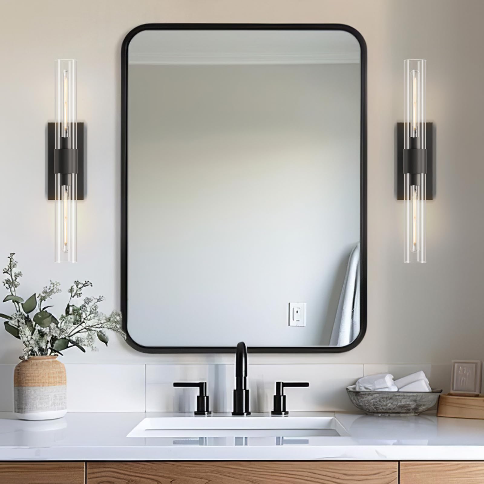 Brass Wall Sconces Set of Two, 22.8'' Gold Bathroom Sconces Wall Decor with Clear Glass Shade, Indoor Vanity Wall Lights for Bathroom Living Room Bedroom Hallway Fireplace Staircase - Camilalamps - B0BFWHL1S4