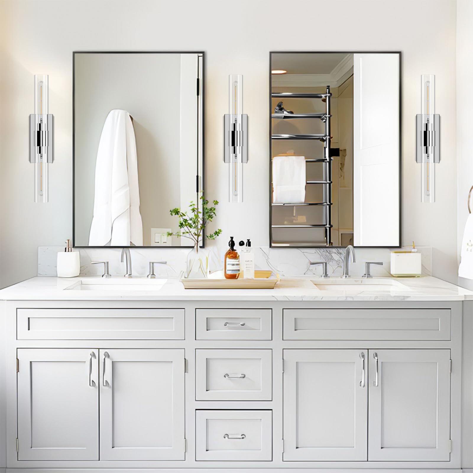 Brass Wall Sconces Set of Two, 22.8'' Gold Bathroom Sconces Wall Decor with Clear Glass Shade, Indoor Vanity Wall Lights for Bathroom Living Room Bedroom Hallway Fireplace Staircase - Camilalamps - B0BFWHL1S4