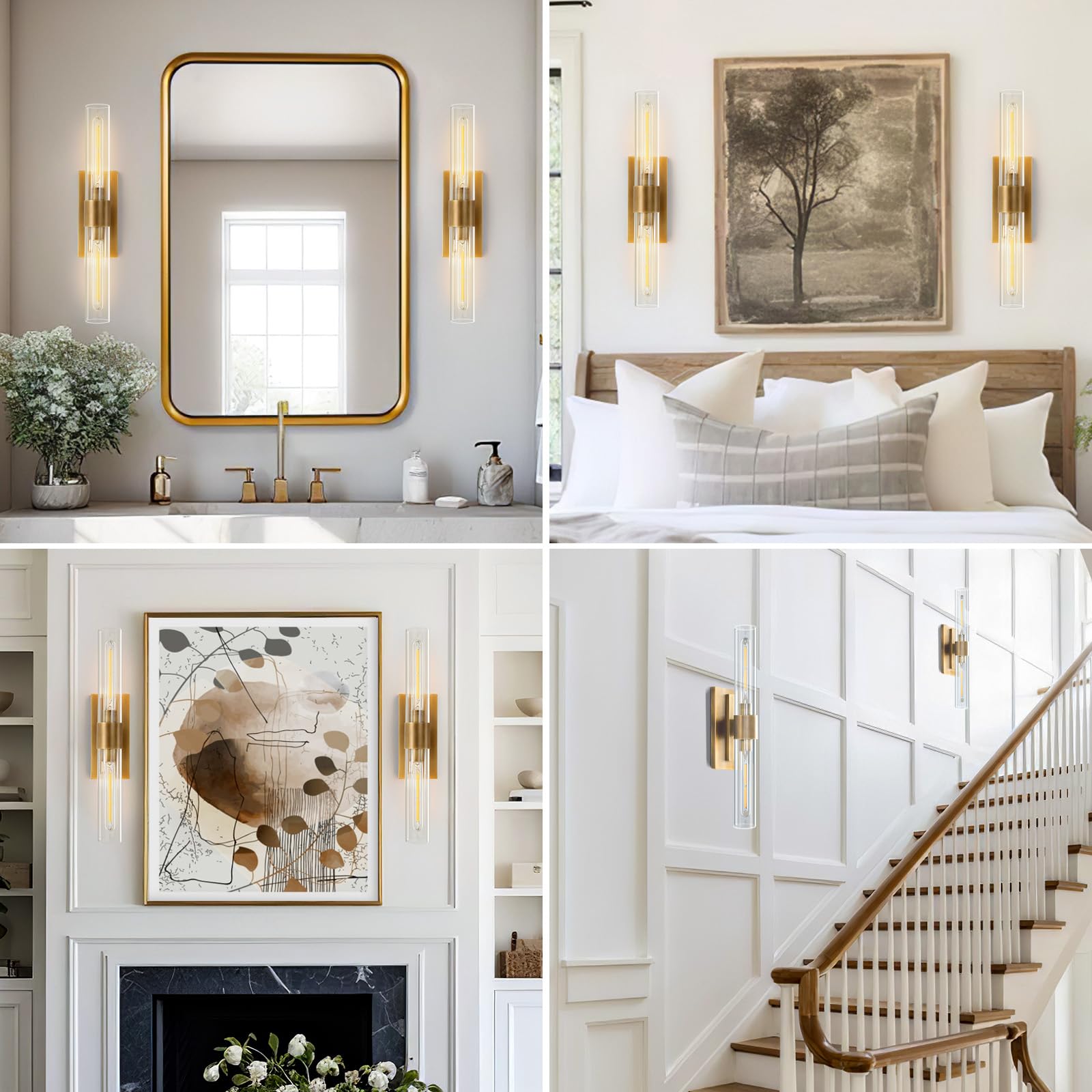 Brass Wall Sconces Set of Two, 22.8'' Gold Bathroom Sconces Wall Decor with Clear Glass Shade, Indoor Vanity Wall Lights for Bathroom Living Room Bedroom Hallway Fireplace Staircase - Camilalamps - B0BFWHL1S4