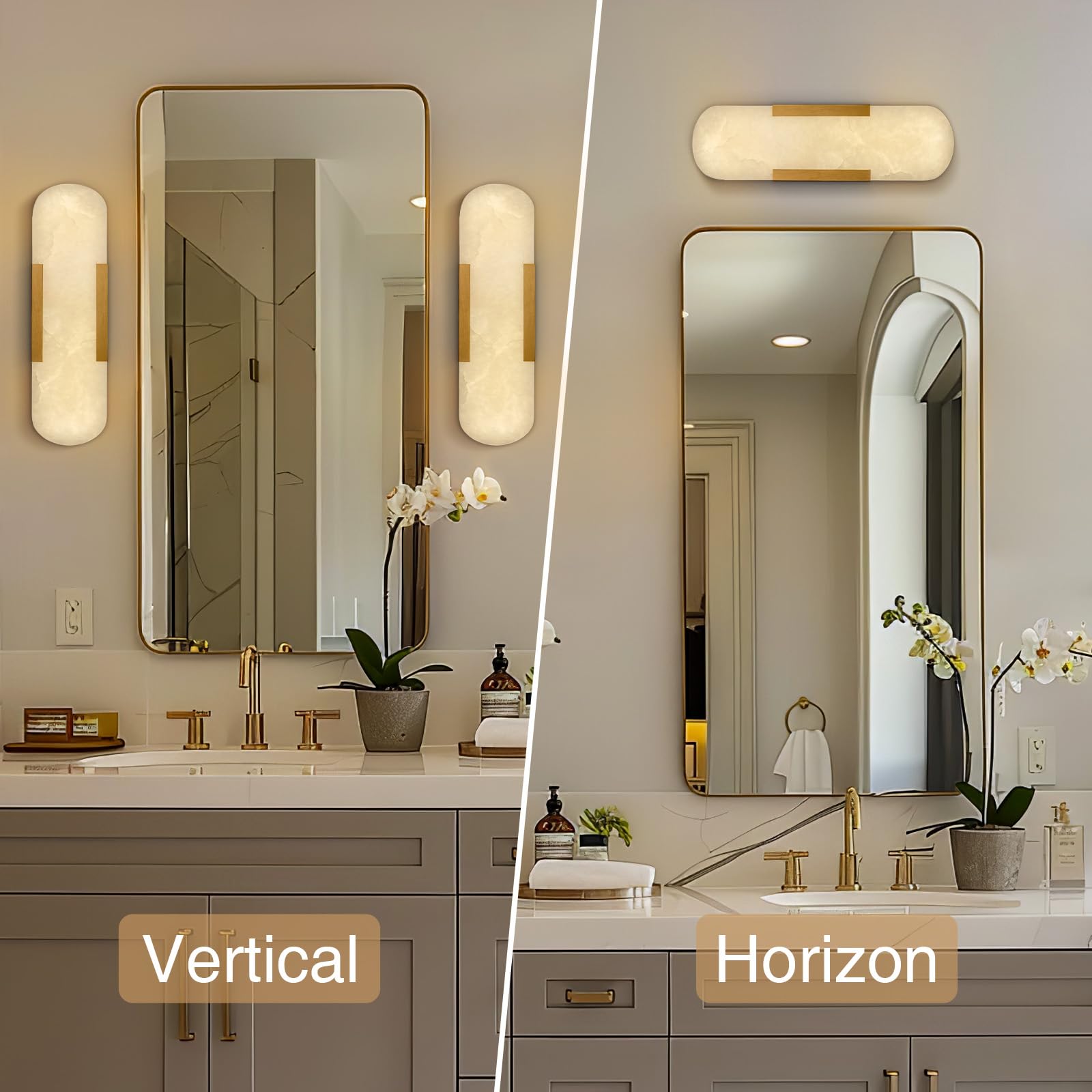 Brass Wall Sconces Set of Two, Natural Alabaster Wall Light,Gold Vanity Light Fixtures for Bathroom,Bedside Wall Lamp Perfect for Bedroom, Hallway, Living Room Kitchen(Gift LED) - Camilalamps - B0DWZP1YHS