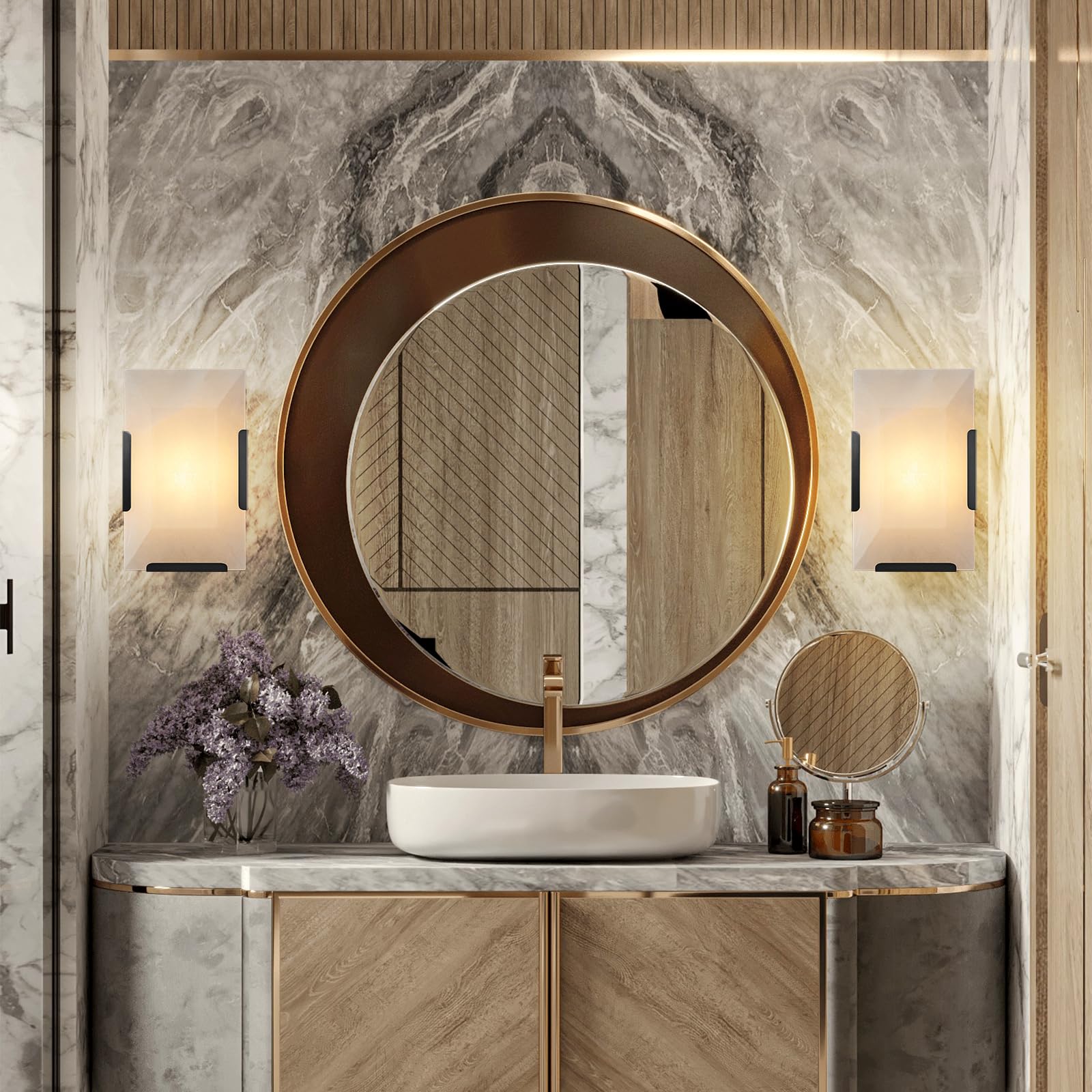 Brass Wall Sconces Set of Two, Natural Alabaster Wall Light,Gold Vanity Light Fixtures for Bathroom,Bedside Wall Lamp Perfect for Bedroom, Hallway, Living Room Kitchen(Gift LED) - Camilalamps - B0DWZP1YHS