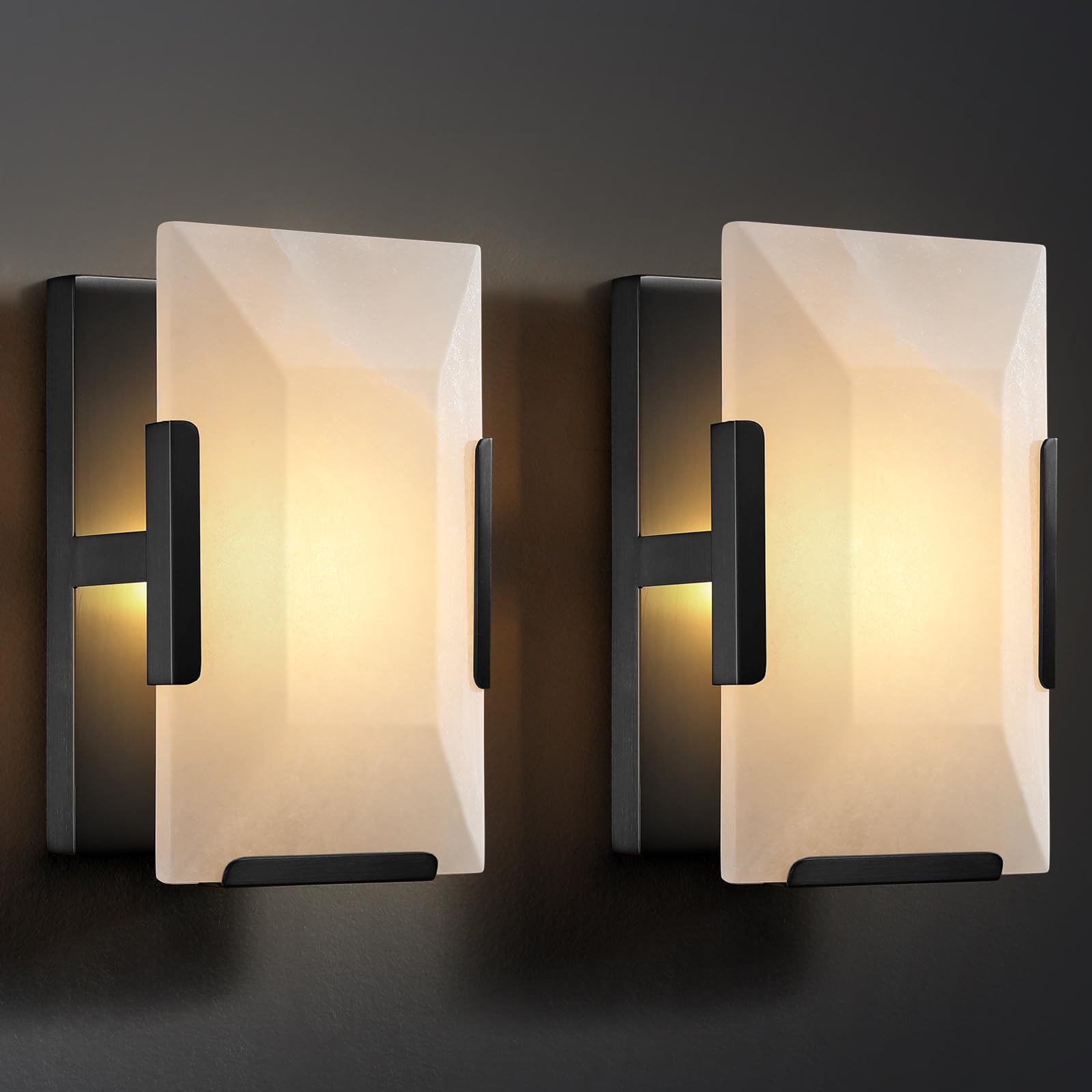 Brass Wall Sconces Set of Two, Natural Alabaster Wall Light,Gold Vanity Light Fixtures for Bathroom,Bedside Wall Lamp Perfect for Bedroom, Hallway, Living Room Kitchen(Gift LED) - Camilalamps - B0CKMFRF2W