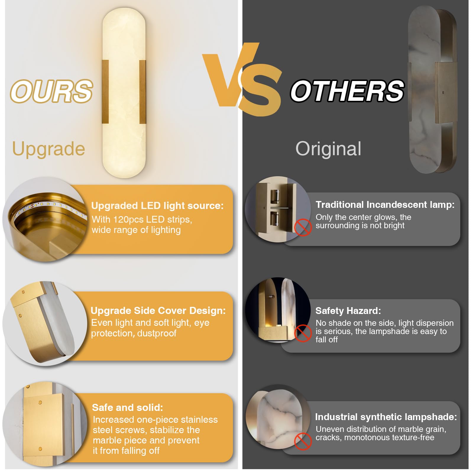 Brass Wall Sconces Set of Two, Natural Alabaster Wall Light,Gold Vanity Light Fixtures for Bathroom,Bedside Wall Lamp Perfect for Bedroom, Hallway, Living Room Kitchen(Gift LED) - Camilalamps - B0DWZP1YHS