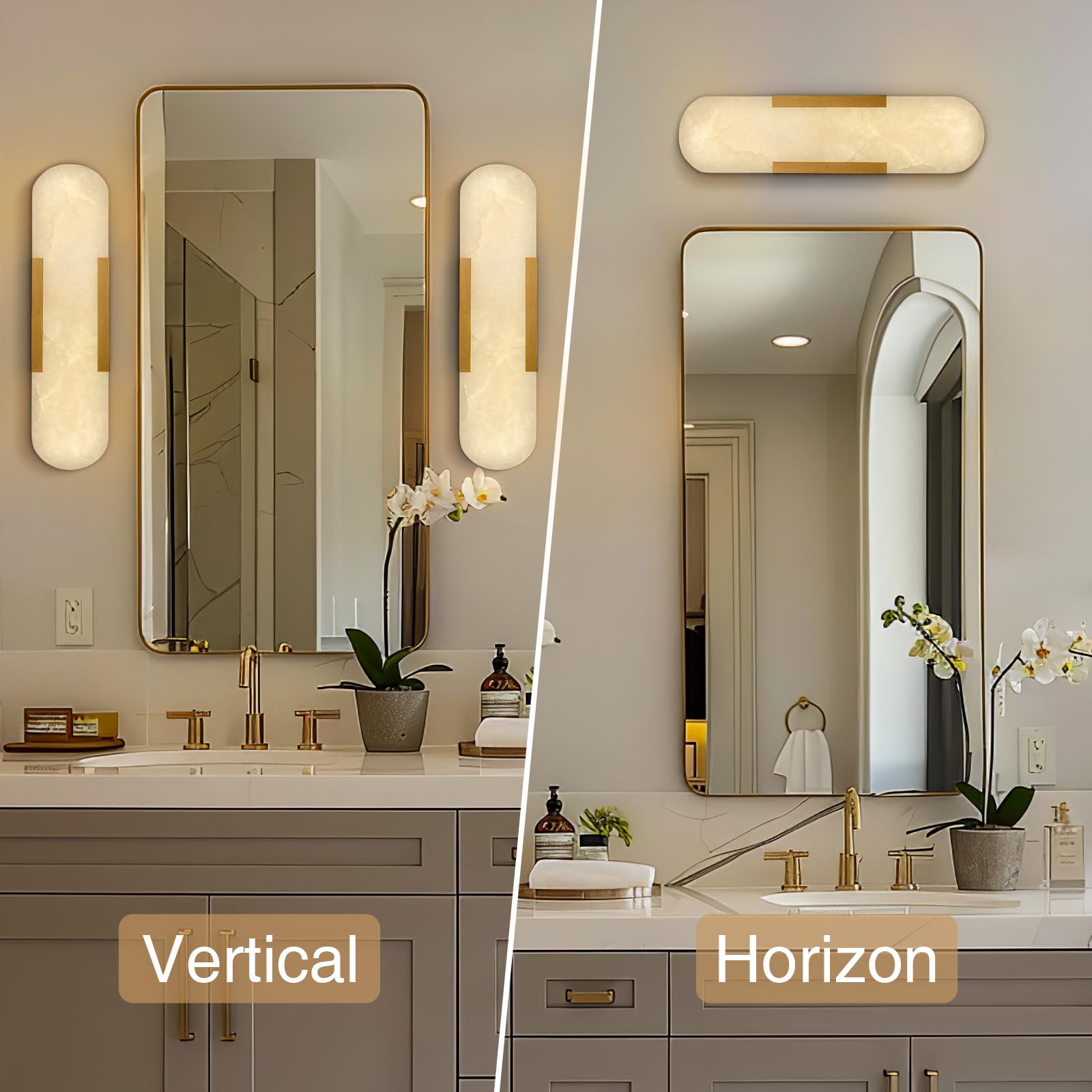 Brass Wall Sconces Set of Two, Natural Alabaster Wall Light,Gold Vanity Light Fixtures for Bathroom,Bedside Wall Lamp Perfect for Bedroom, Hallway, Living Room Kitchen(Gift LED) - Camilalamps - B0DWZP1YHS