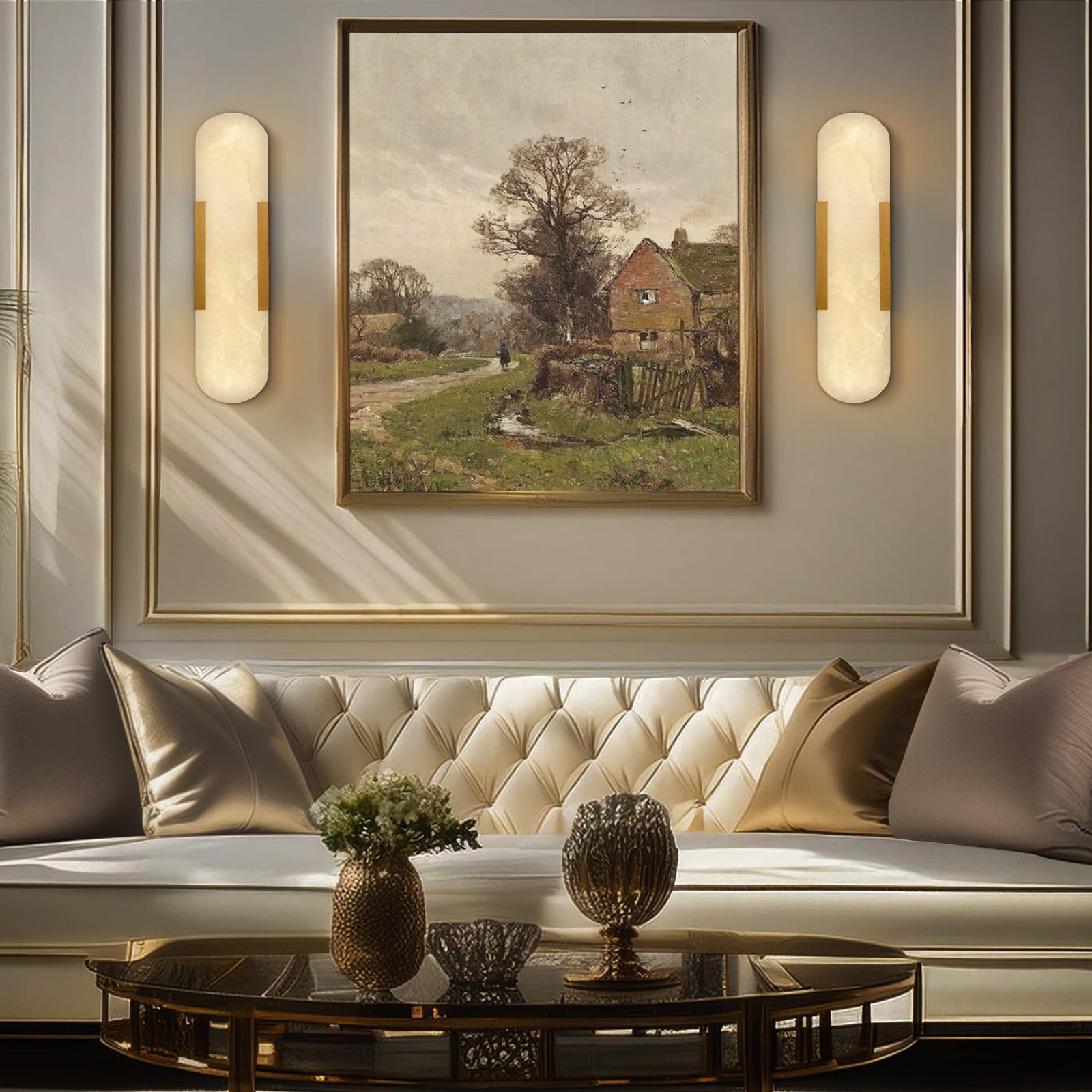 Brass Wall Sconces Set of Two, Natural Alabaster Wall Light,Gold Vanity Light Fixtures for Bathroom,Bedside Wall Lamp Perfect for Bedroom, Hallway, Living Room Kitchen(Gift LED) - Camilalamps - B0DWZP1YHS