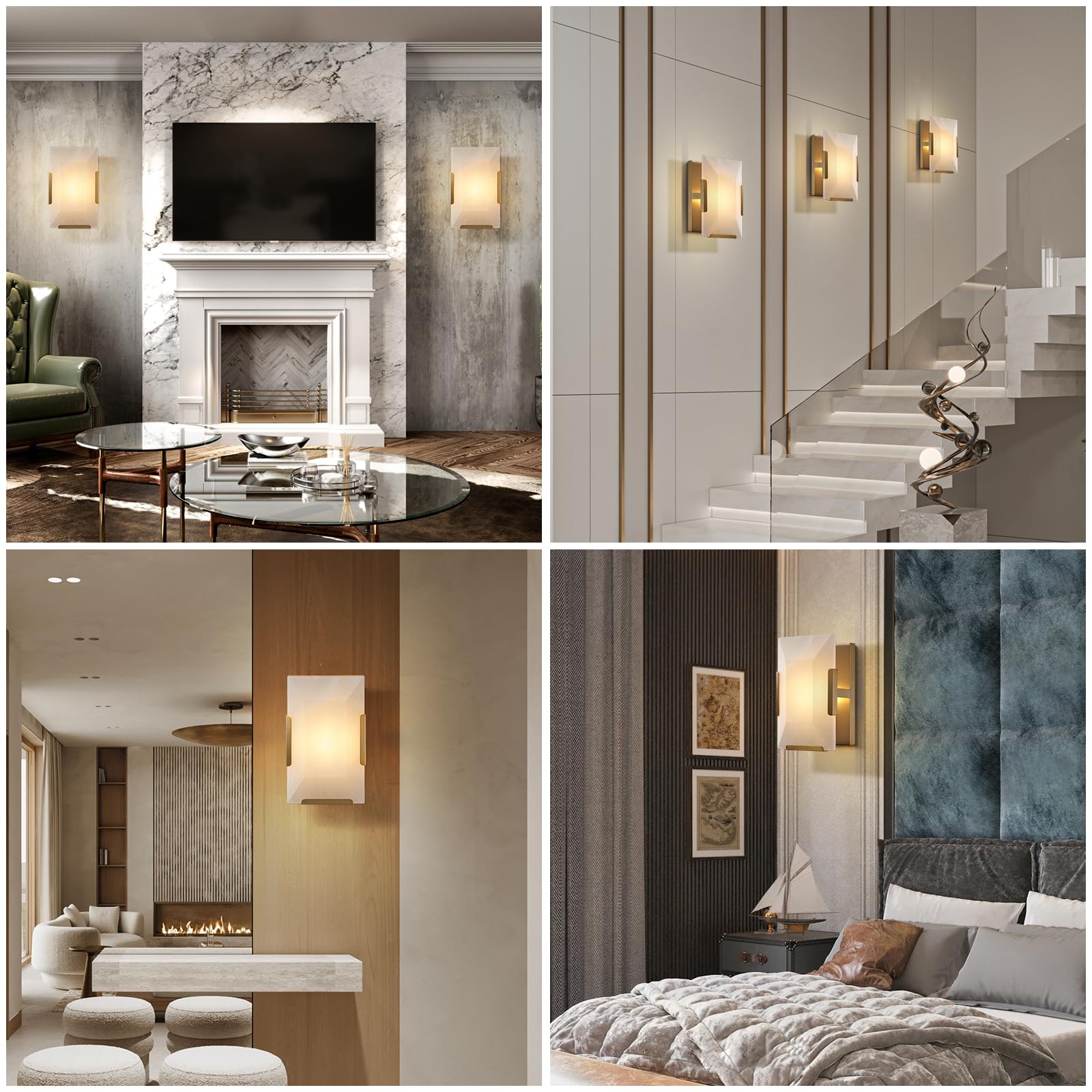 Brass Wall Sconces Set of Two, Natural Alabaster Wall Light,Gold Vanity Light Fixtures for Bathroom,Bedside Wall Lamp Perfect for Bedroom, Hallway, Living Room Kitchen(Gift LED) - Camilalamps - B0DWZP1YHS