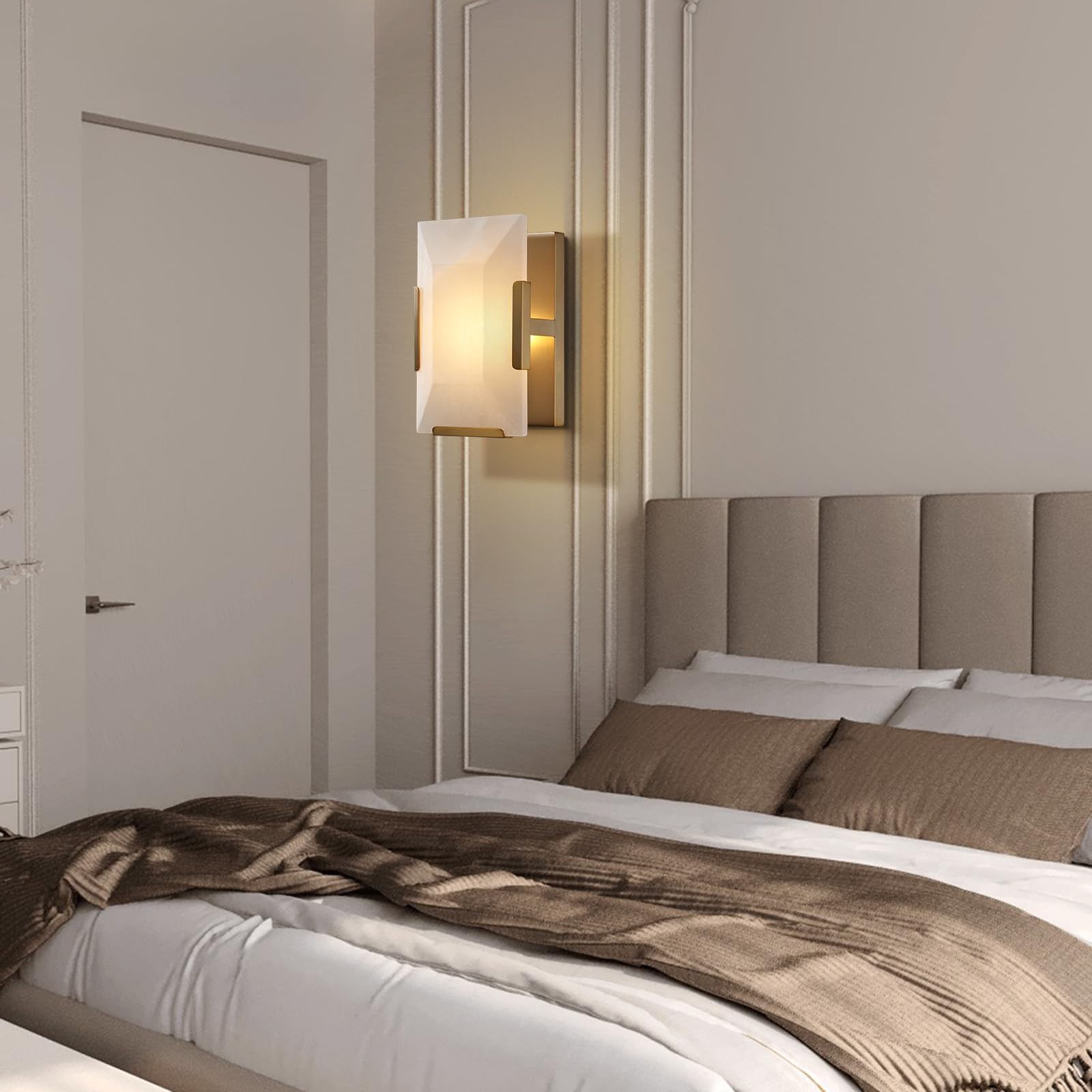 Brass Wall Sconces Set of Two, Natural Alabaster Wall Light,Gold Vanity Light Fixtures for Bathroom,Bedside Wall Lamp Perfect for Bedroom, Hallway, Living Room Kitchen(Gift LED) - Camilalamps - B0DWZP1YHS