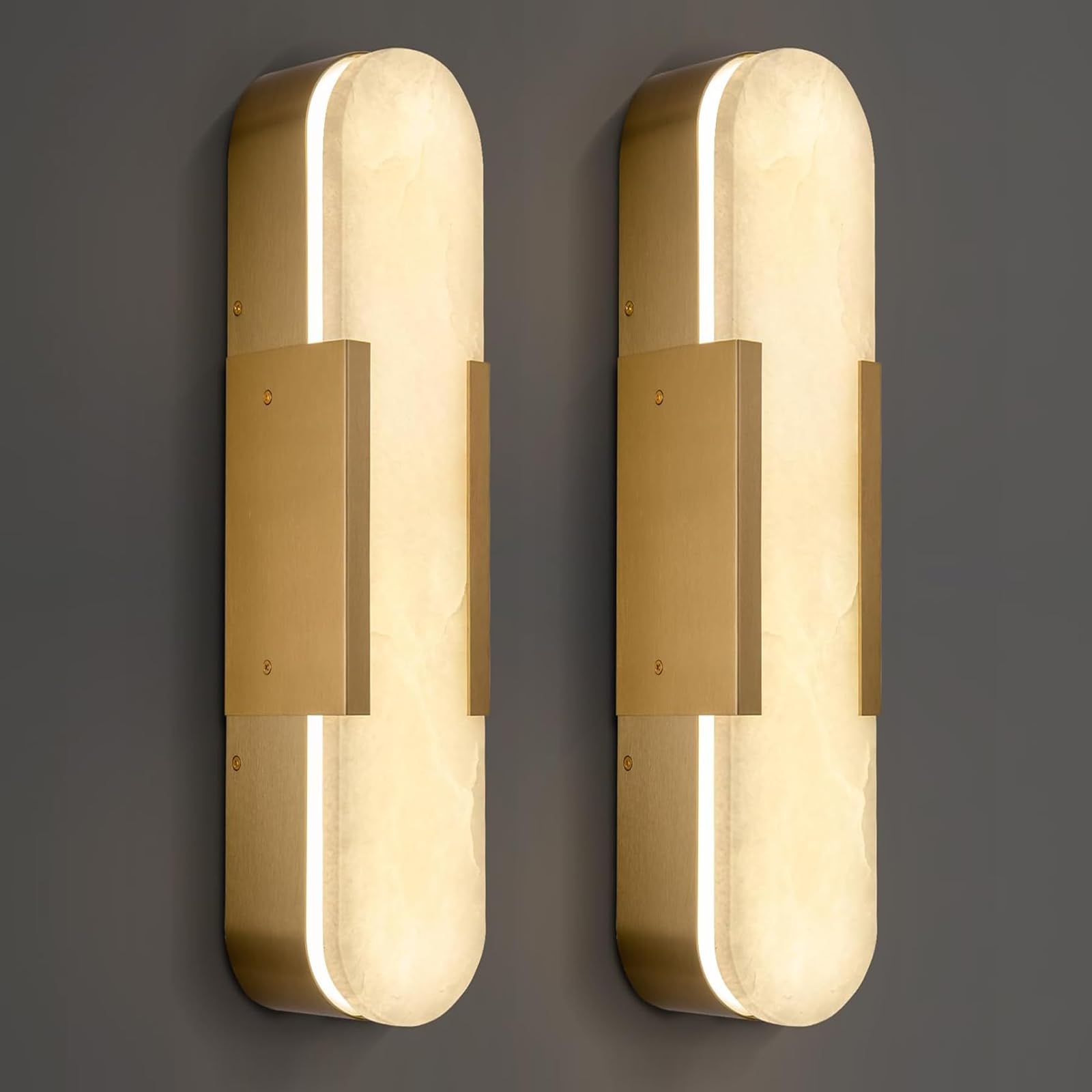 Brass Wall Sconces Set of Two, Natural Alabaster Wall Light,Gold Vanity Light Fixtures for Bathroom,Bedside Wall Lamp Perfect for Bedroom, Hallway, Living Room Kitchen(Gift LED) - Camilalamps - B0C6LM32FY