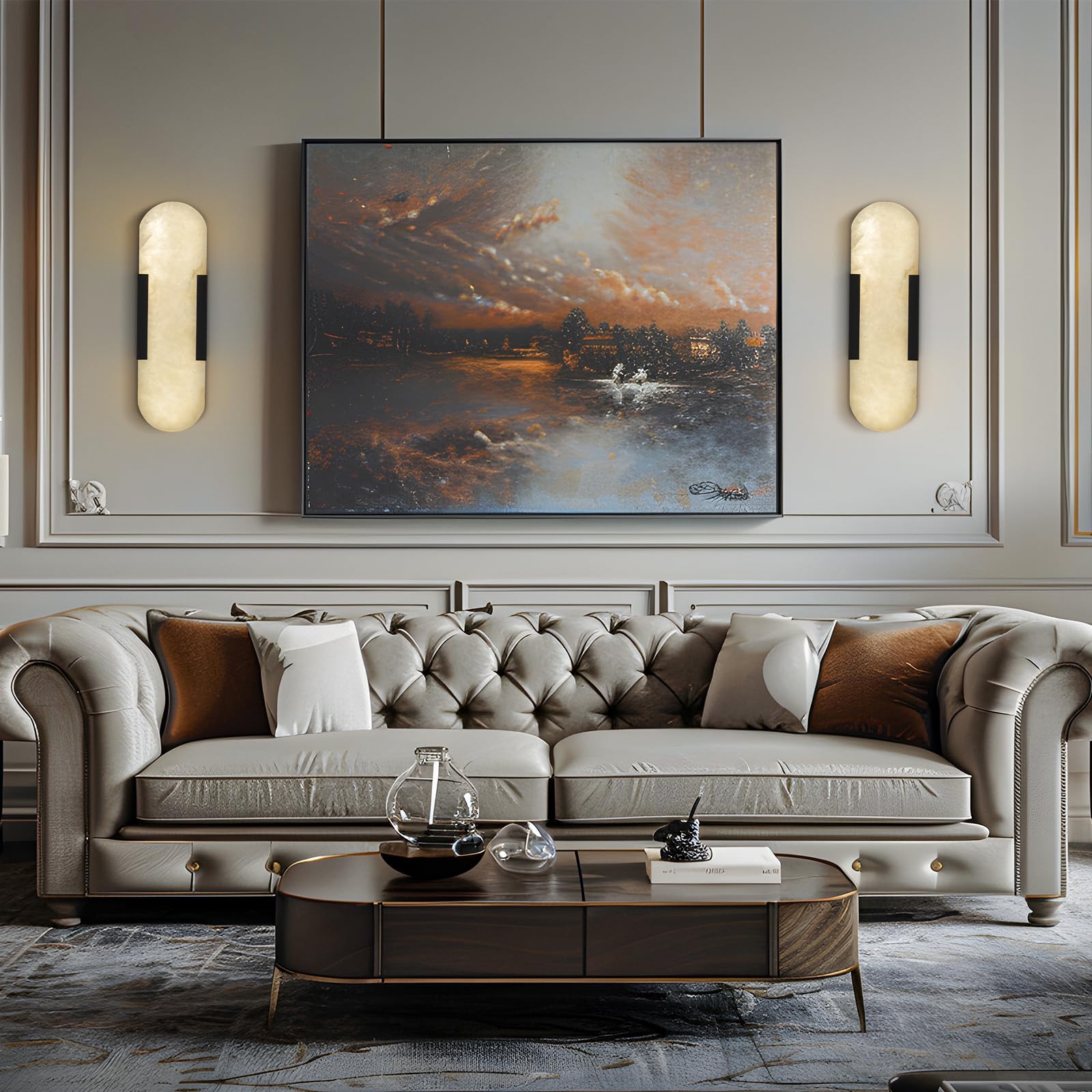 Brass Wall Sconces Set of Two, Natural Alabaster Wall Light,Gold Vanity Light Fixtures for Bathroom,Bedside Wall Lamp Perfect for Bedroom, Hallway, Living Room Kitchen(Gift LED) - Camilalamps - B0DWZP1YHS