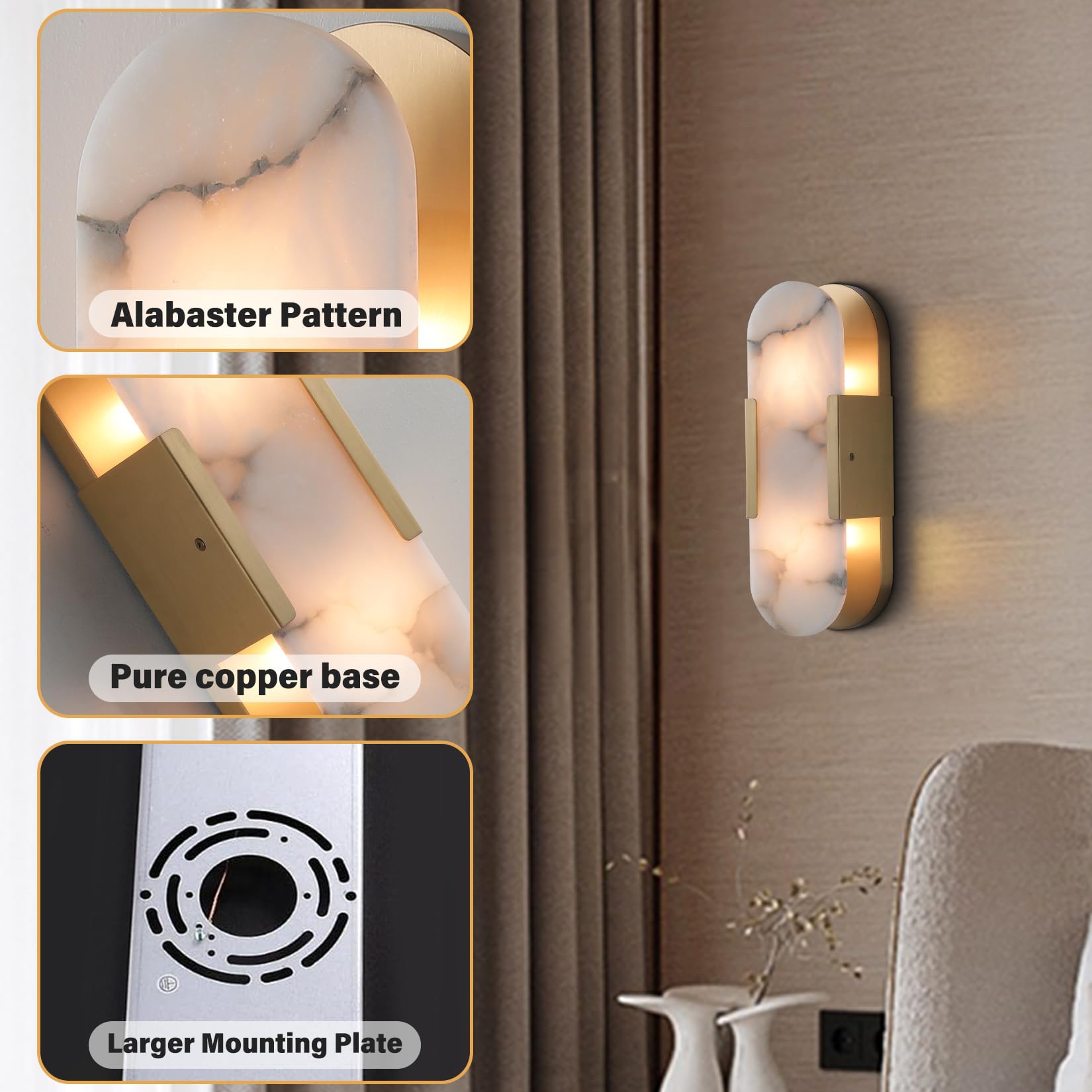 Brass Wall Sconces Set of Two, Natural Alabaster Wall Light,Gold Vanity Light Fixtures for Bathroom,Bedside Wall Lamp Perfect for Bedroom, Hallway, Living Room Kitchen(Gift LED) - Camilalamps - B0DWZP1YHS