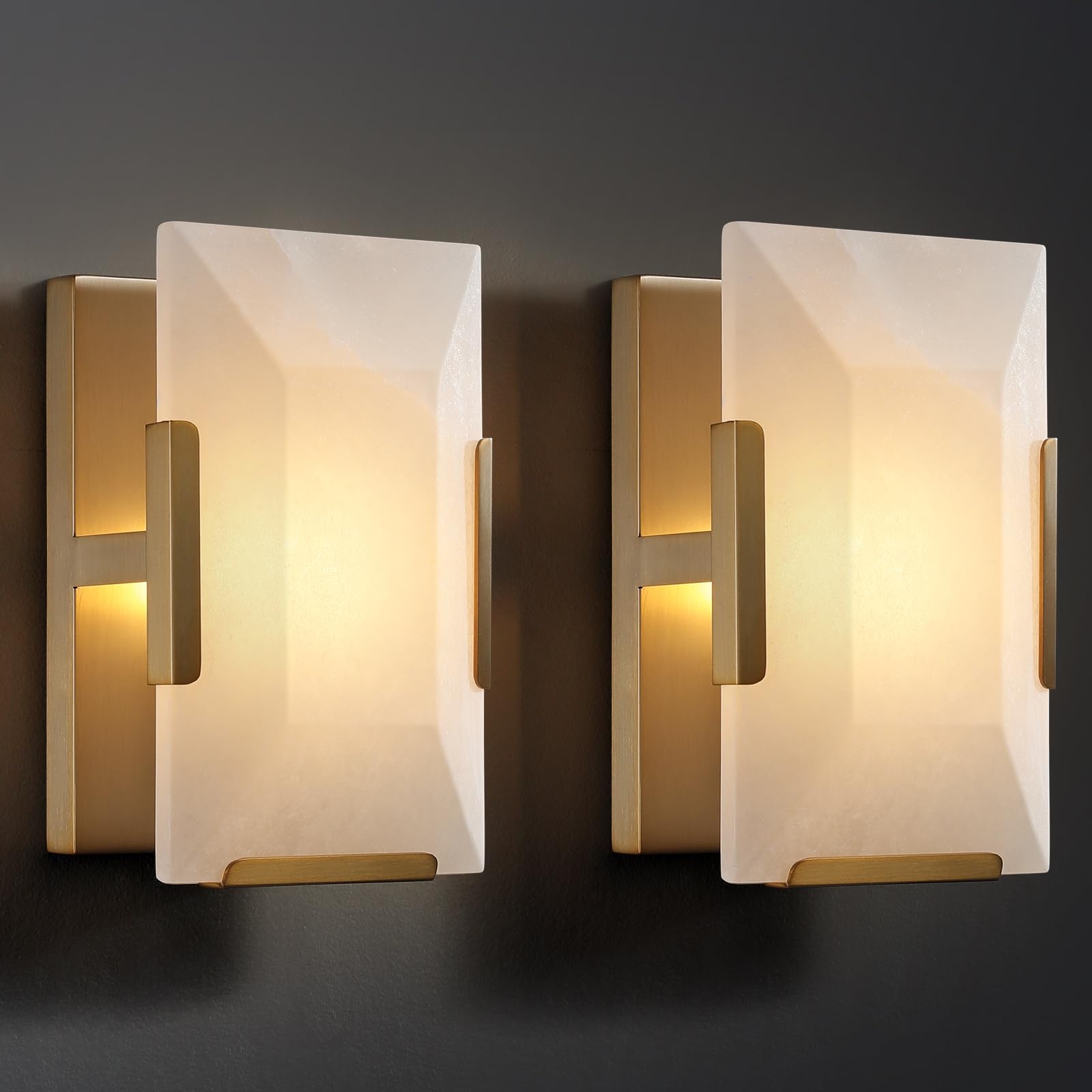 Brass Wall Sconces Set of Two, Natural Alabaster Wall Light,Gold Vanity Light Fixtures for Bathroom,Bedside Wall Lamp Perfect for Bedroom, Hallway, Living Room Kitchen(Gift LED) - Camilalamps - B0CKMKM32Z