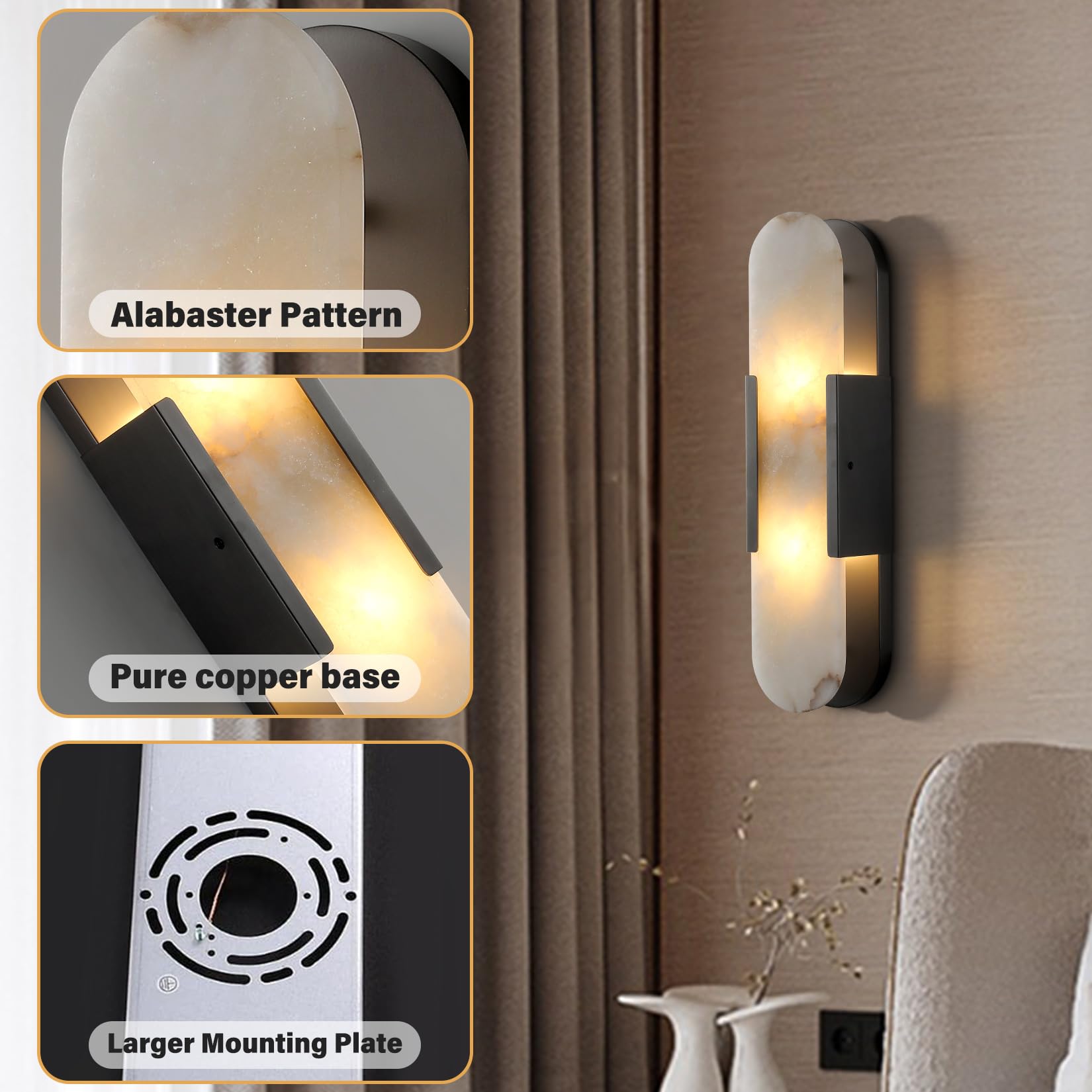 Brass Wall Sconces Set of Two, Natural Alabaster Wall Light,Gold Vanity Light Fixtures for Bathroom,Bedside Wall Lamp Perfect for Bedroom, Hallway, Living Room Kitchen(Gift LED) - Camilalamps - B0DWZP1YHS