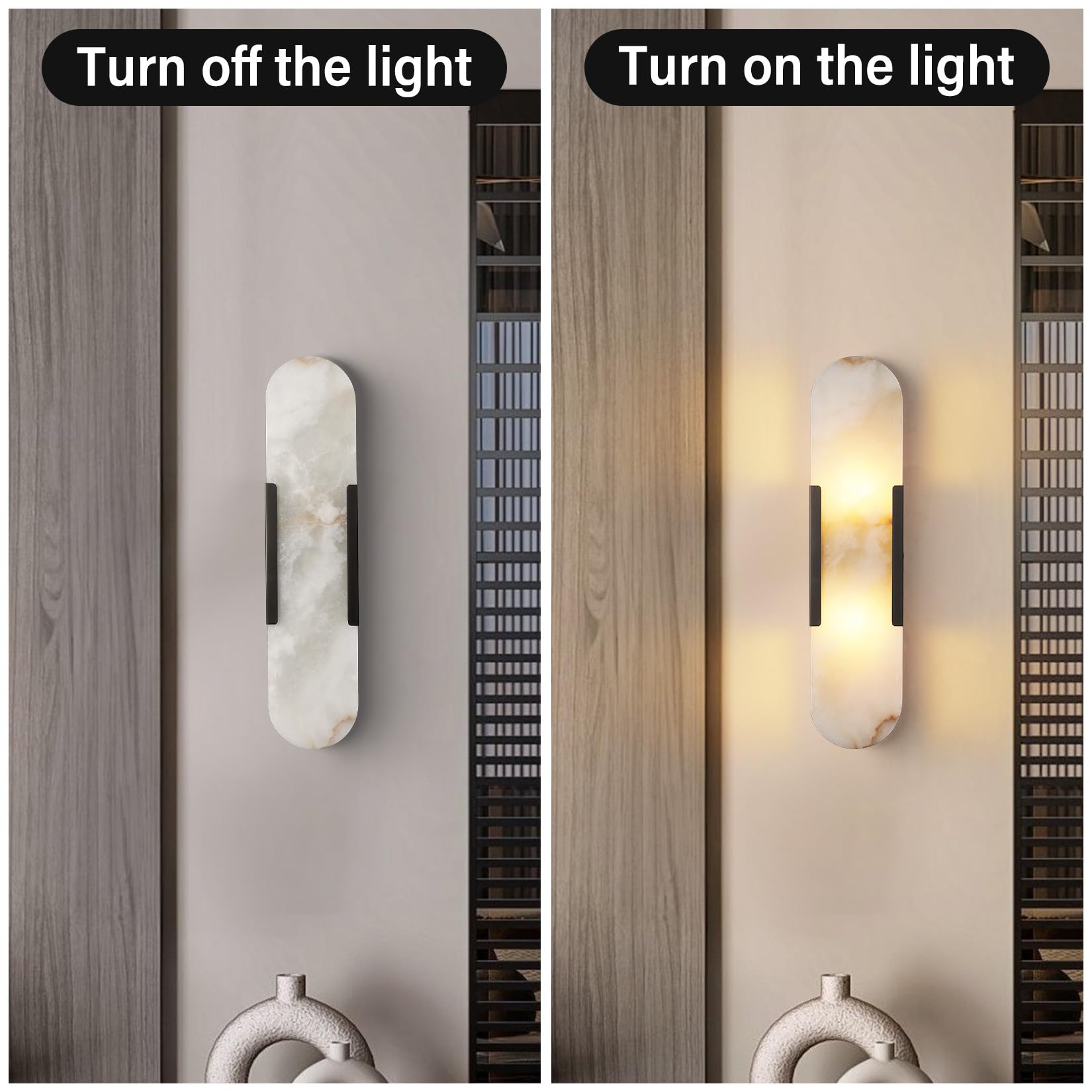 Brass Wall Sconces Set of Two, Natural Alabaster Wall Light,Gold Vanity Light Fixtures for Bathroom,Bedside Wall Lamp Perfect for Bedroom, Hallway, Living Room Kitchen(Gift LED) - Camilalamps - B0DWZP1YHS