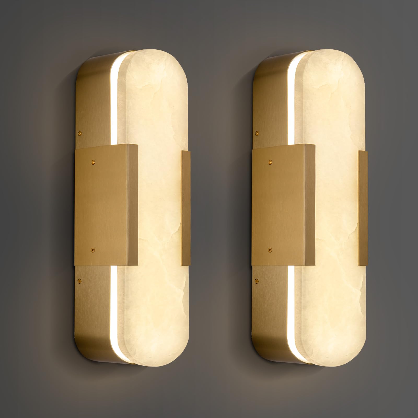 Brass Wall Sconces Set of Two, Natural Alabaster Wall Light,Gold Vanity Light Fixtures for Bathroom,Bedside Wall Lamp Perfect for Bedroom, Hallway, Living Room Kitchen(Gift LED) - Camilalamps - B0CF95FG19