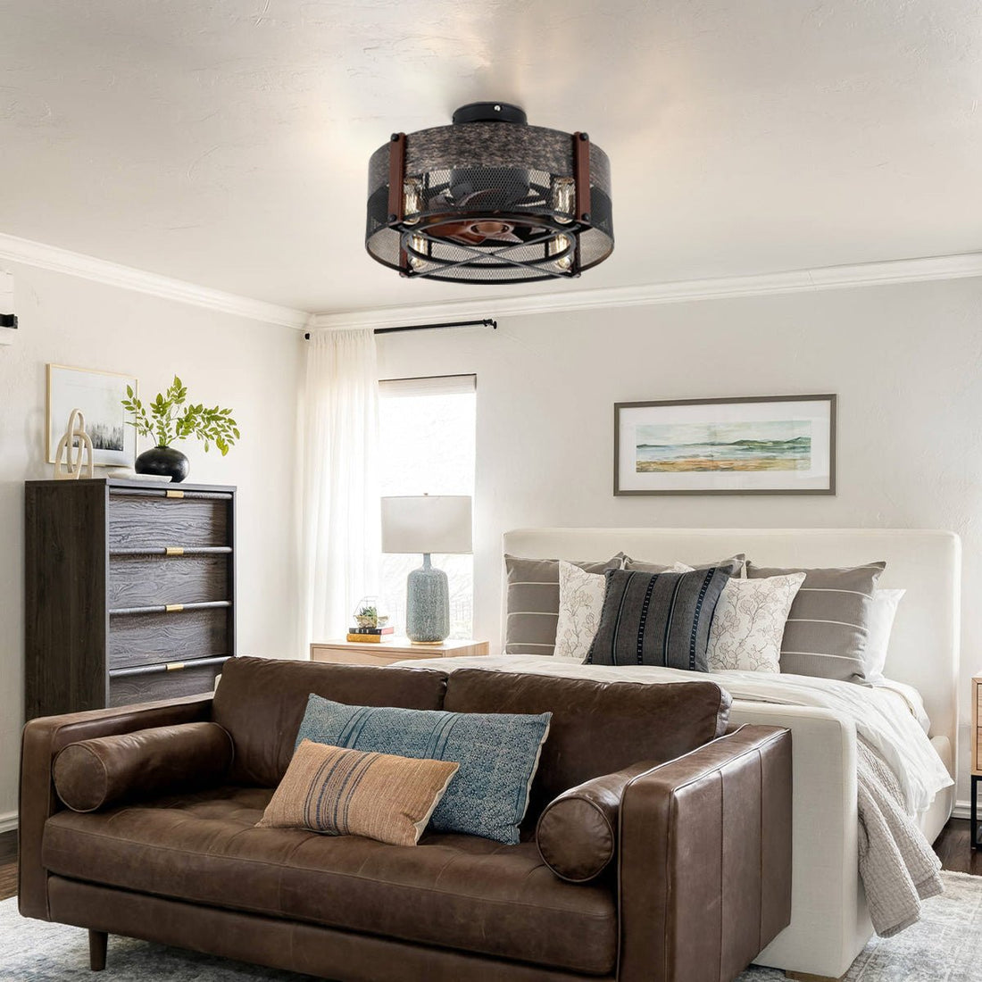 Caged Ceiling Fan with Light and Remote Black Bladeless Reversible Low Profile 19" - Camilalamps - CA - Caged - Fan