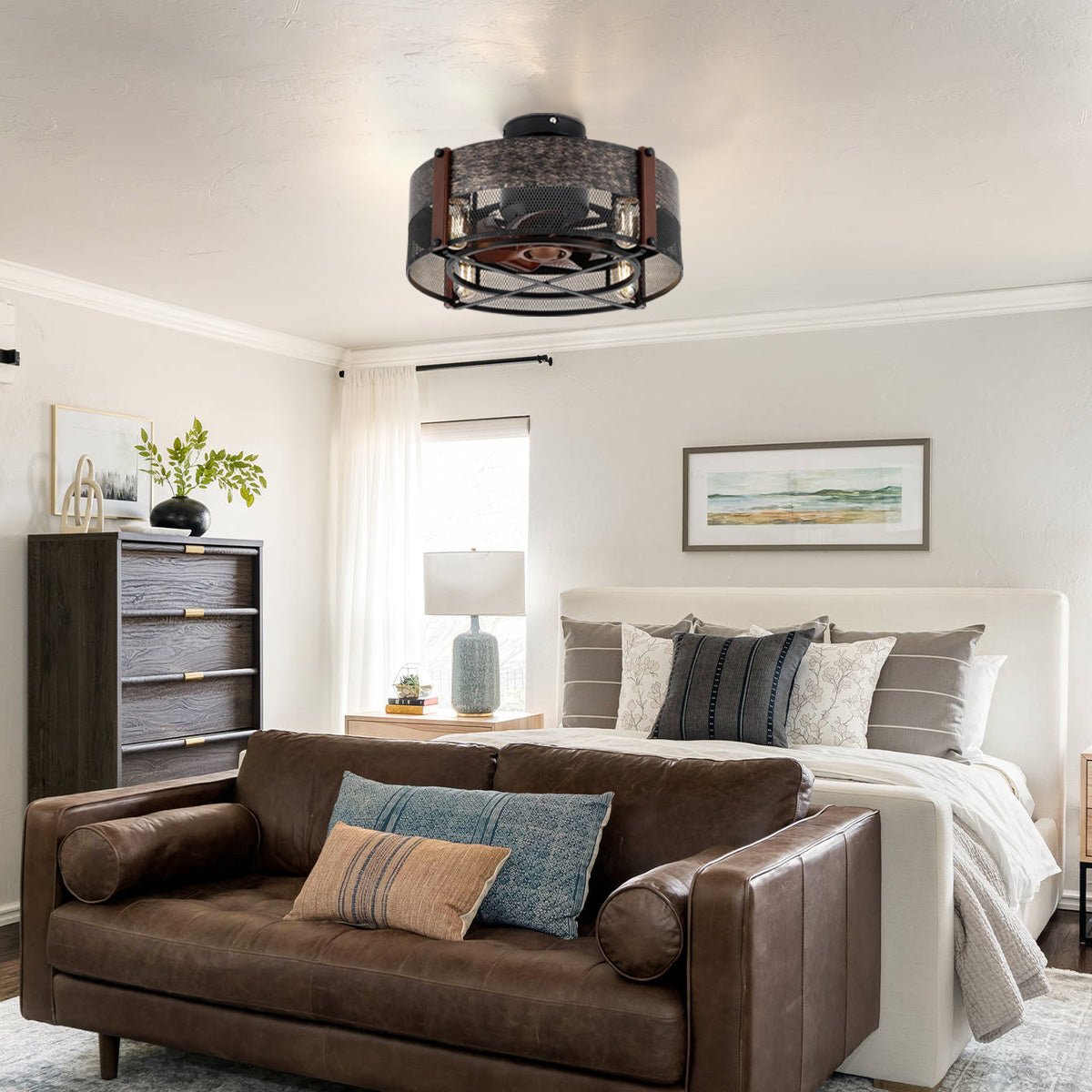 Caged Ceiling Fan with Light and Remote Black Bladeless Reversible Low Profile 19" - Camilalamps - CA - Caged - Fan