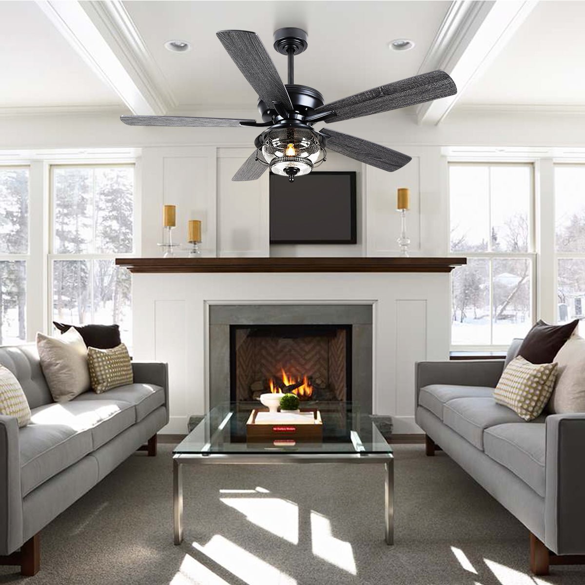Ceiling Fans with Light and Remote Waterproof Wet Rated Ceiling Fan, 6 Speeds Modern Black Fan Lights 52" - Camilalamps - CA - CFWL - 001