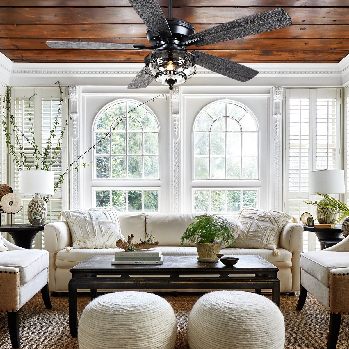 Ceiling Fans with Light and Remote Waterproof Wet Rated Ceiling Fan, 6 Speeds Modern Black Fan Lights 52" - Camilalamps - CA - CFWL - 001