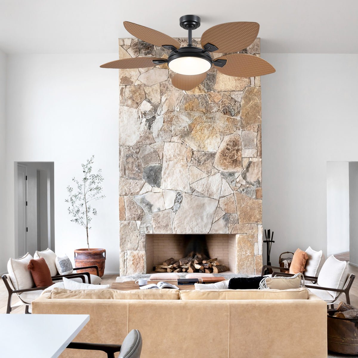 Ceiling Fans with Lights Palm Leaf Ceiling Fan for Patios Porch 6 Speeds, Reversible 52" - Camilalamps - CA - CFWL - 003