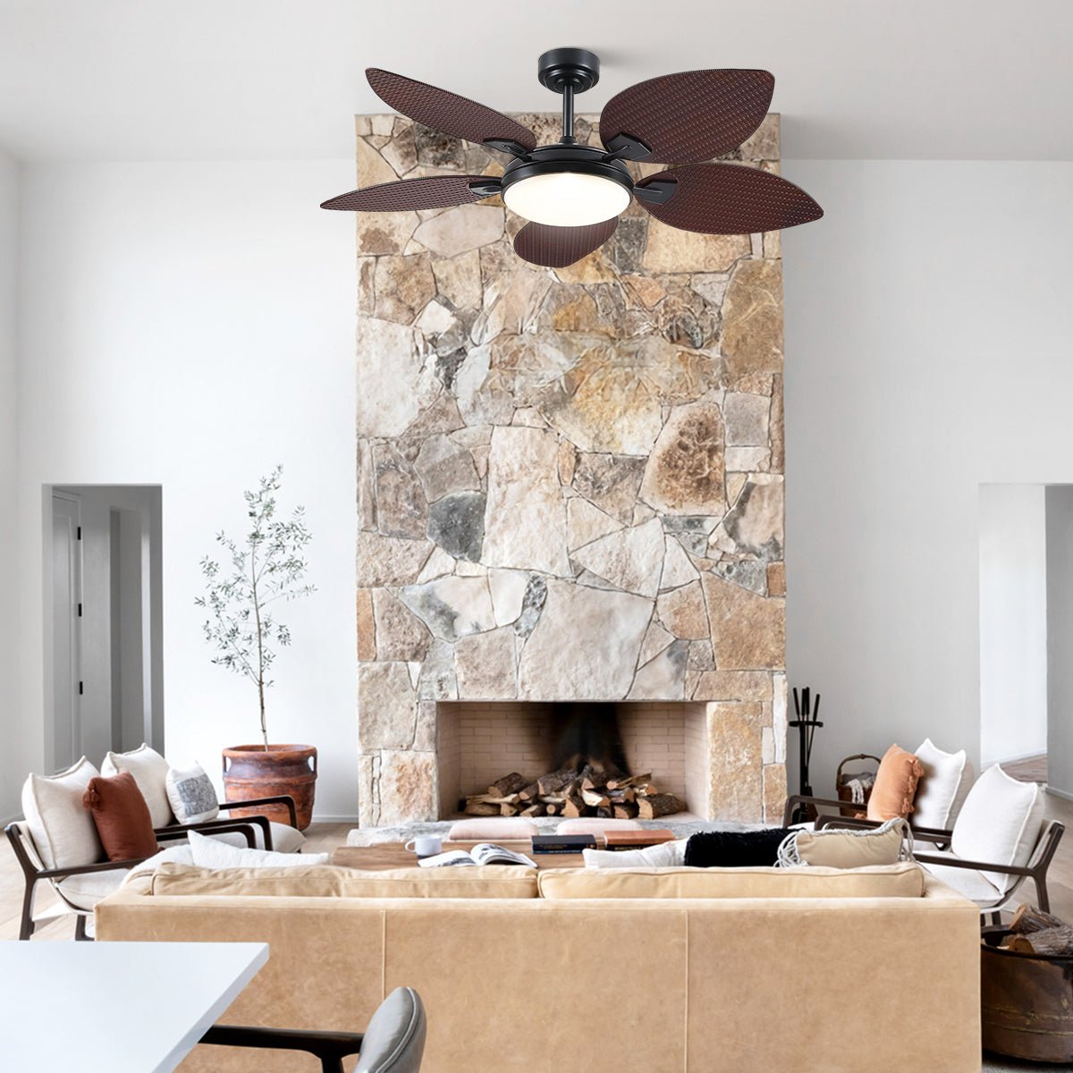 Ceiling Fans with Lights Palm Leaf Ceiling Fan for Patios Porch 6 Speeds, Reversible 52" - Camilalamps - CA - CFWL - 003