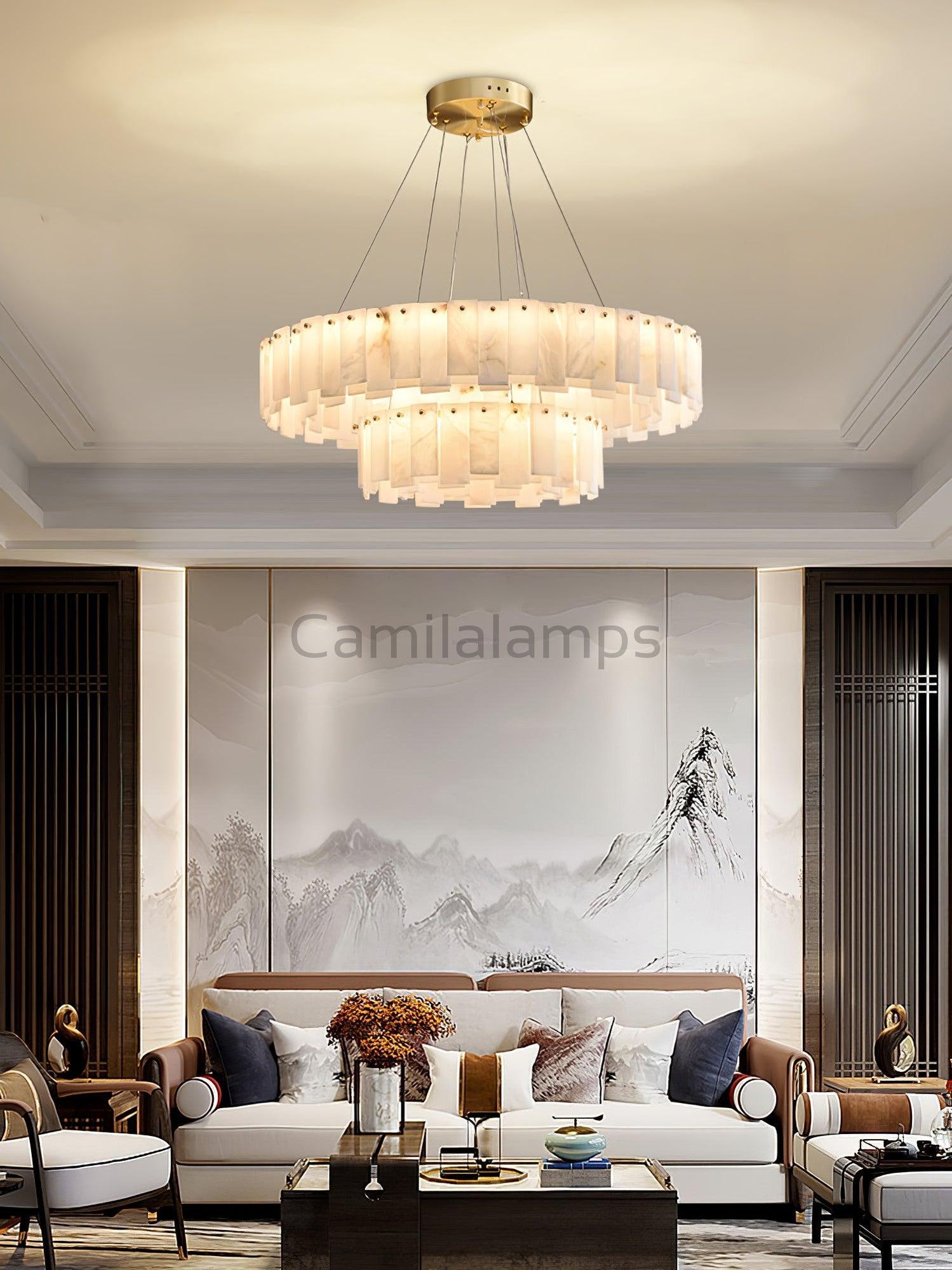 Celestial Alabaster Round/Square Chandelier - Camilalamps - Celes - 1724 - Long - Brass - Three - 7