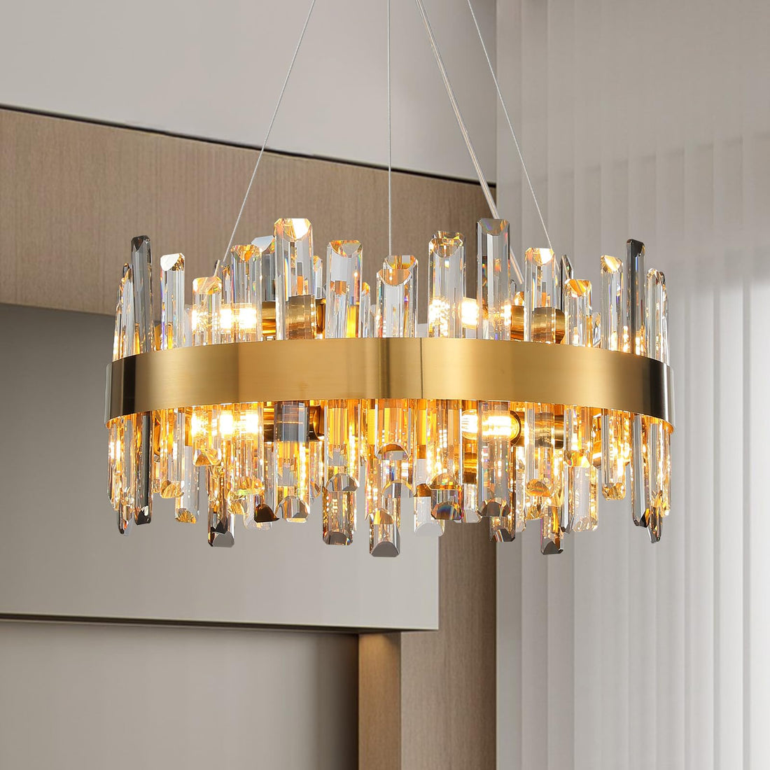 Chandelier for Dining Room, D39.4 Gold K9 Crystal Pendant Light, 20 - Light Round Over Table, Hanging Ceiling Light Fixture for Kitchen Island, Entryway, Foyer - Camilalamps - B0DMFCQ986