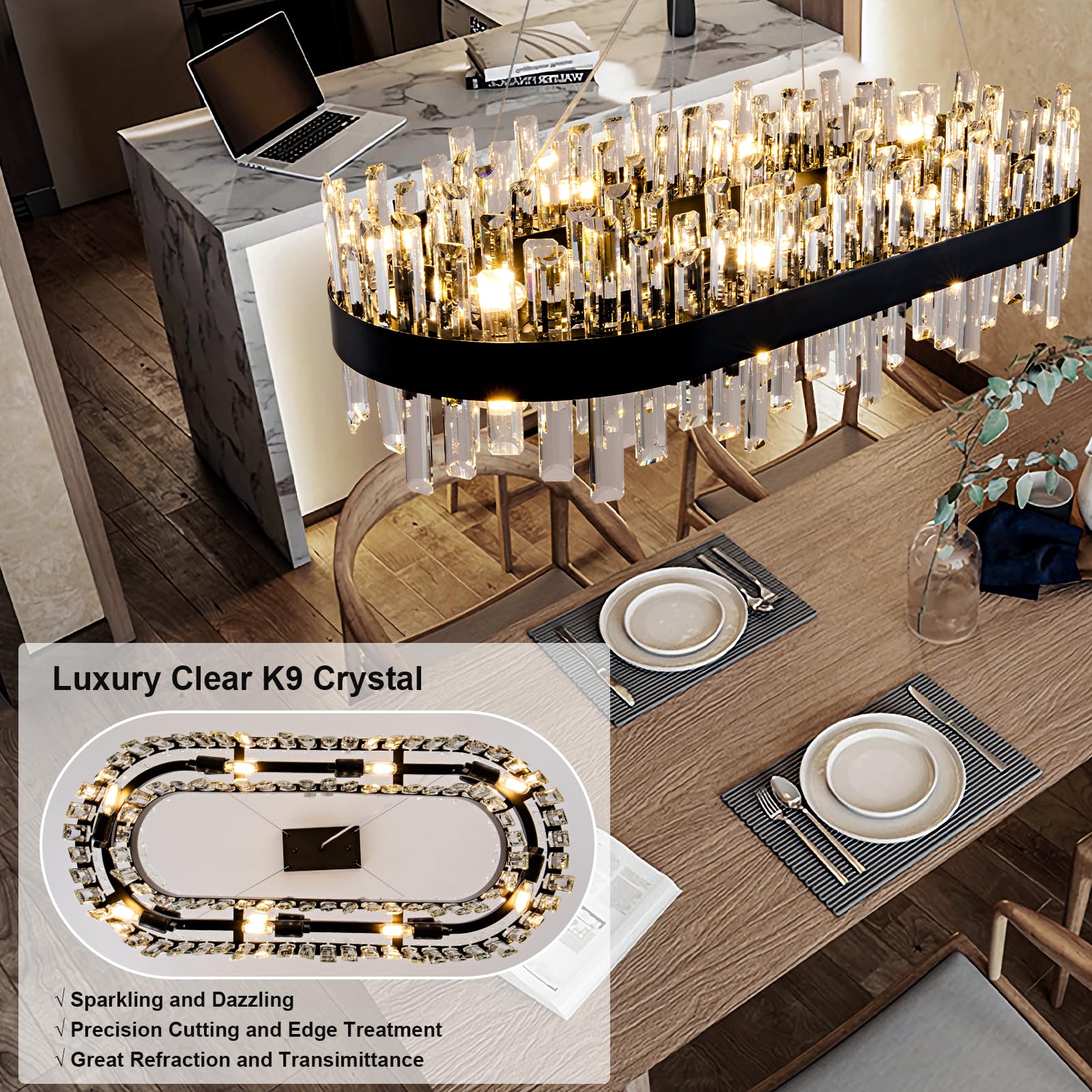 Chandelier for Dining Room, L35.4 Black Rectangle Crystal Chandelier Over Table, Modern 16 - Light Large Crystal Chandeliers Ceiling Light, Pendant Light Fixture for Kitchen Island Living Room - Camilalamps - B0CT8P57Z1