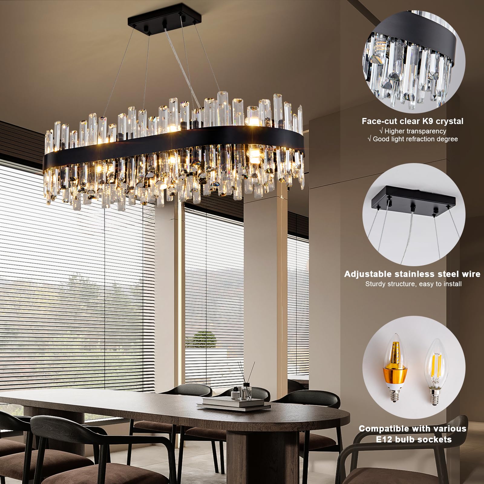 Chandelier for Dining Room, L35.4 Black Rectangle Crystal Chandelier Over Table, Modern 16 - Light Large Crystal Chandeliers Ceiling Light, Pendant Light Fixture for Kitchen Island Living Room - Camilalamps - B0CT8P57Z1