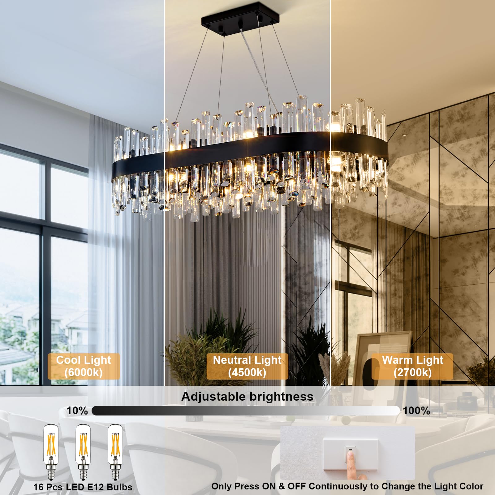 Chandelier for Dining Room, L35.4 Black Rectangle Crystal Chandelier Over Table, Modern 16 - Light Large Crystal Chandeliers Ceiling Light, Pendant Light Fixture for Kitchen Island Living Room - Camilalamps - B0CT8P57Z1