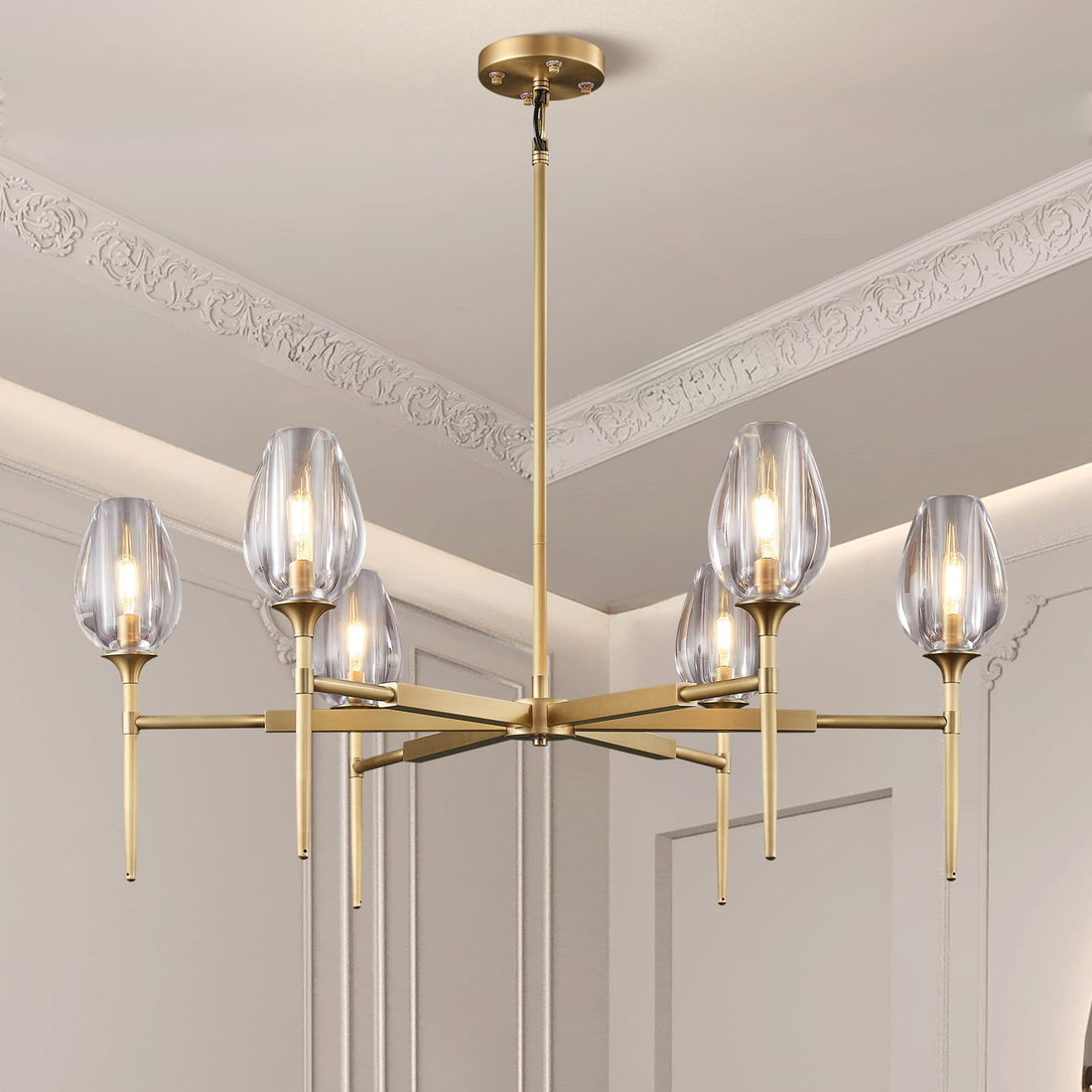 Crystal Chandelier, 52in Gold Tulip Rectangle K9 Crystal Chandelier, 8 Lights Brass Pendant Ceiling Light for Dining Living Room Bedroom Entryway, E12 Bulbs Included - Camilalamps - B0DD495DLL