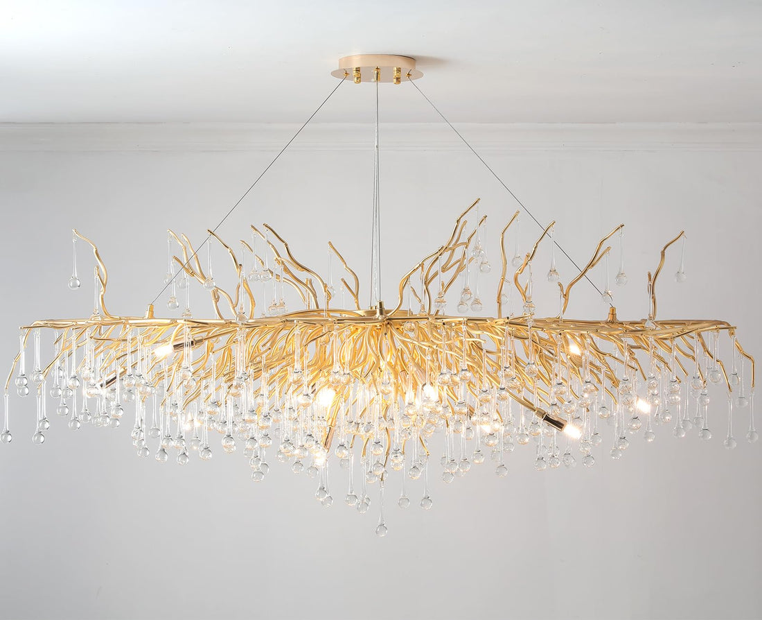 Crystal Chandeliers for Dining Room, 63" Modern Gold Tree Branch Chandelier, 15 - Lights Luxury Rectangular Raindrop Chandelier Light Fixture for Kitchen Island, Living Room, Foyer, High Ceiling - Camilalamps - B08ZYGVF7M