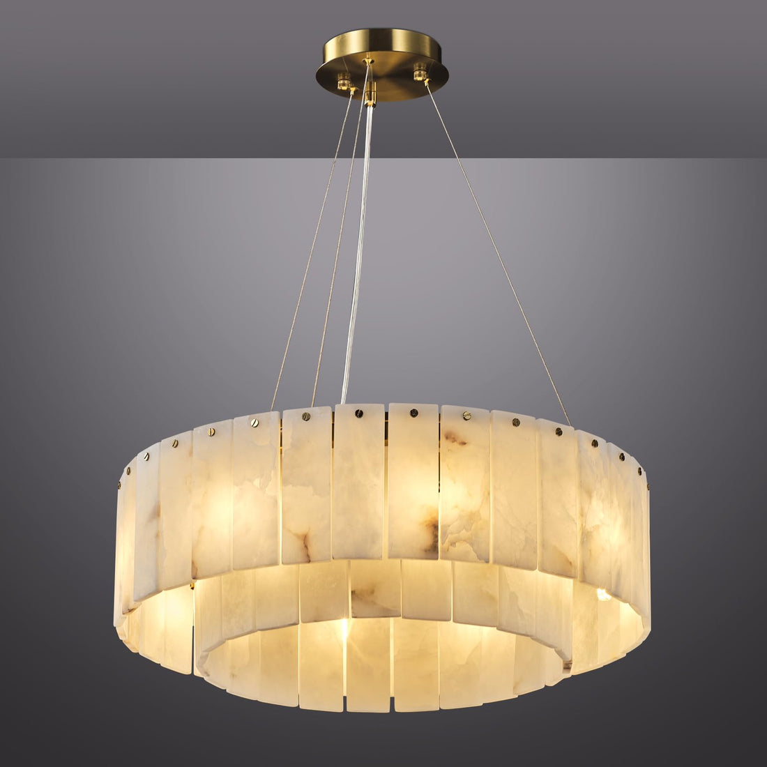 D23in Alabaster Round Chandelier, Modern Marble Dining Room Chandeliers, 2 Tiers Brass Drum Pendant Light Fixtures, Gold Ceiling Light Chandelier for Living Room, Bedroom Lights, Foyer, Kitchen - Camilalamps - B0DPFPYMFX