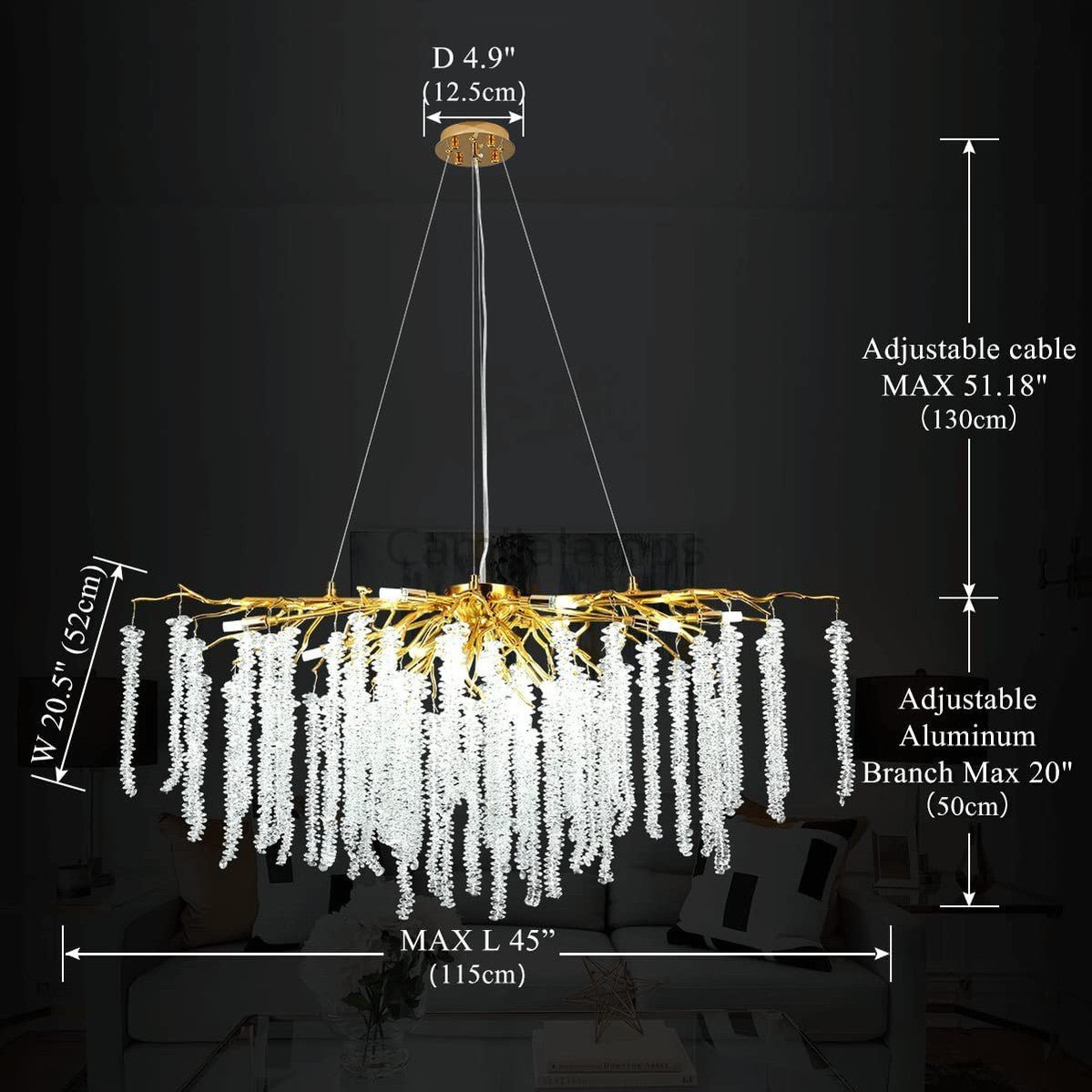 Doris White Crystal Rectangle Branch Chandelier Gold 45"L - Camilalamps - Ca-1535