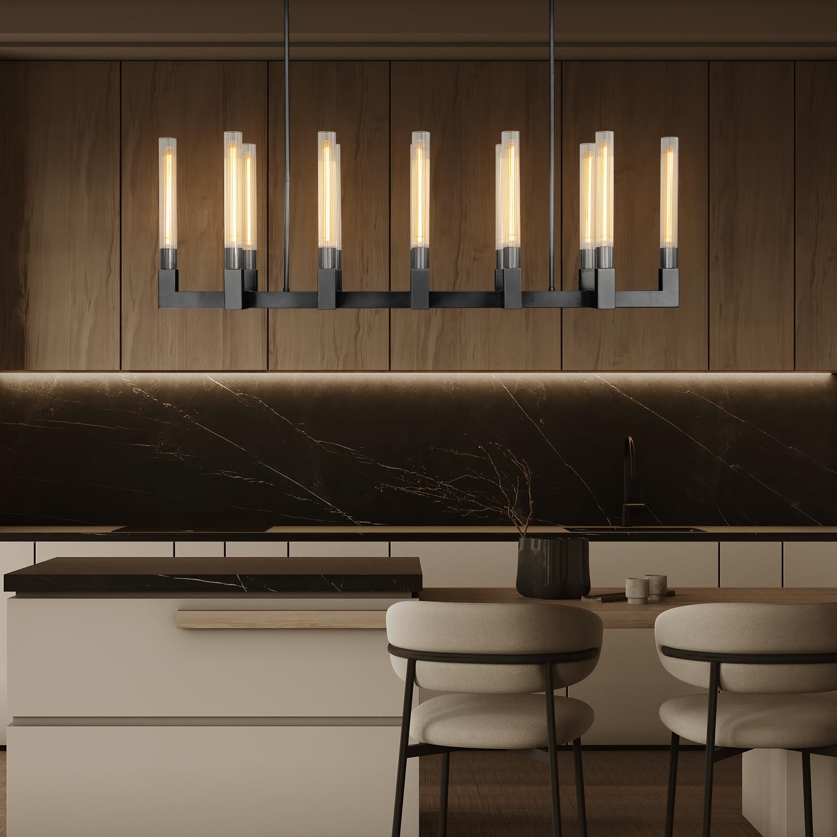 Farmhouse Chandelier with Glass Tube, Gold 12 - Lights Modern Chandeliers Over Table 54''Rectangular Luxurious Large Ceiling Pendant Lighting Fixture for Dining Living Room, Foyer - Camilalamps - B0CR4798R4