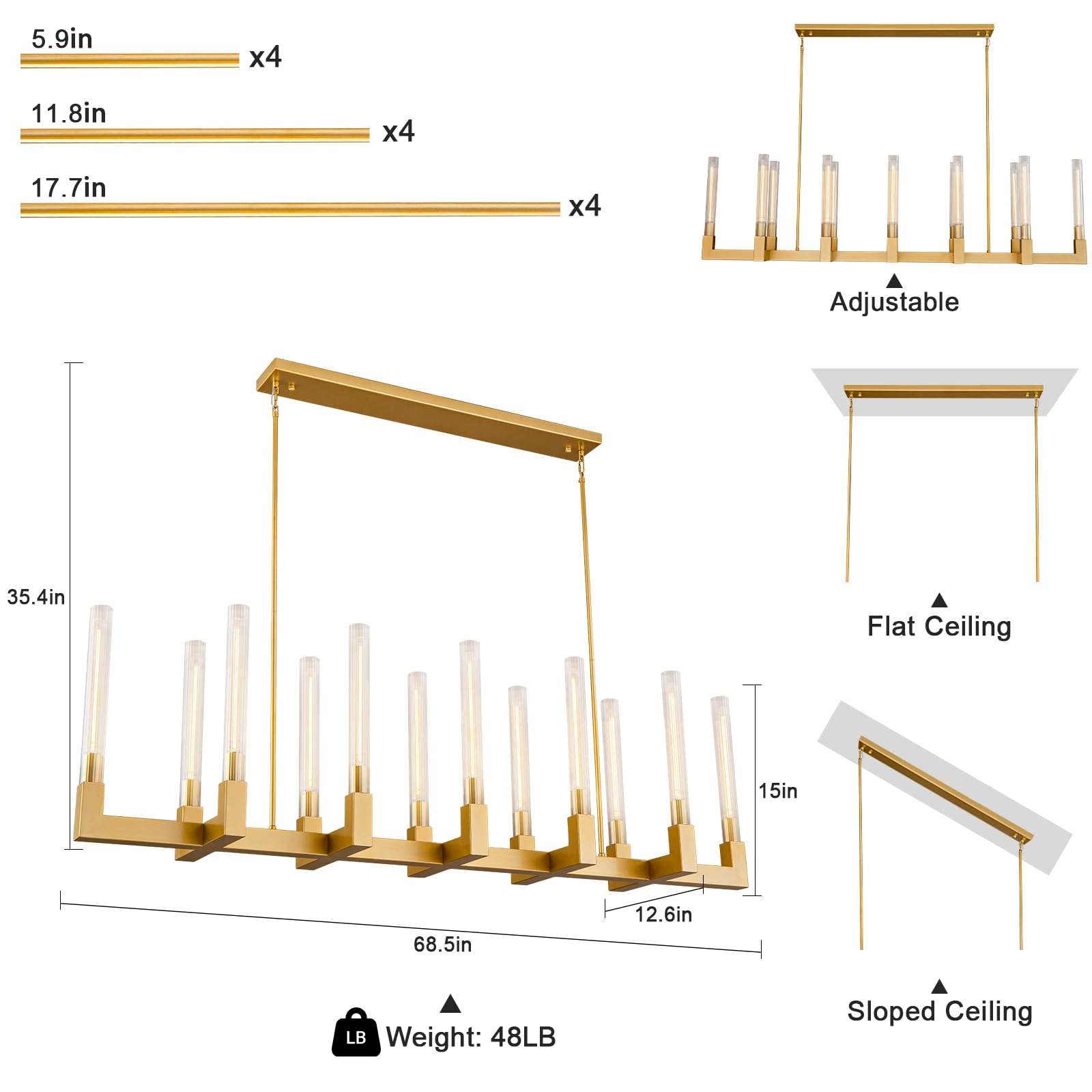 Farmhouse Chandelier with Glass Tube, Gold 12 - Lights Modern Chandeliers Over Table 54''Rectangular Luxurious Large Ceiling Pendant Lighting Fixture for Dining Living Room, Foyer - Camilalamps - B0CR4798R4