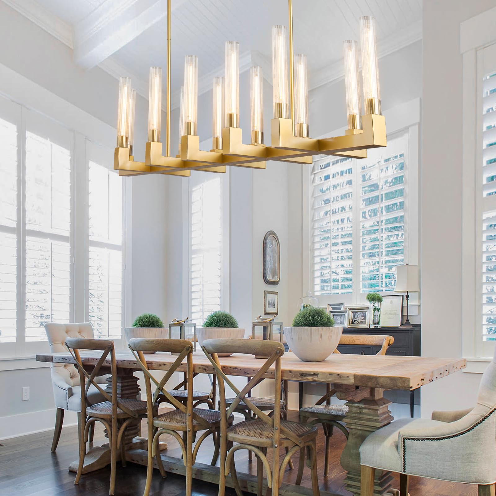 Farmhouse Chandelier with Glass Tube, Gold 12 - Lights Modern Chandeliers Over Table 54''Rectangular Luxurious Large Ceiling Pendant Lighting Fixture for Dining Living Room, Foyer - Camilalamps - B0CR4798R4