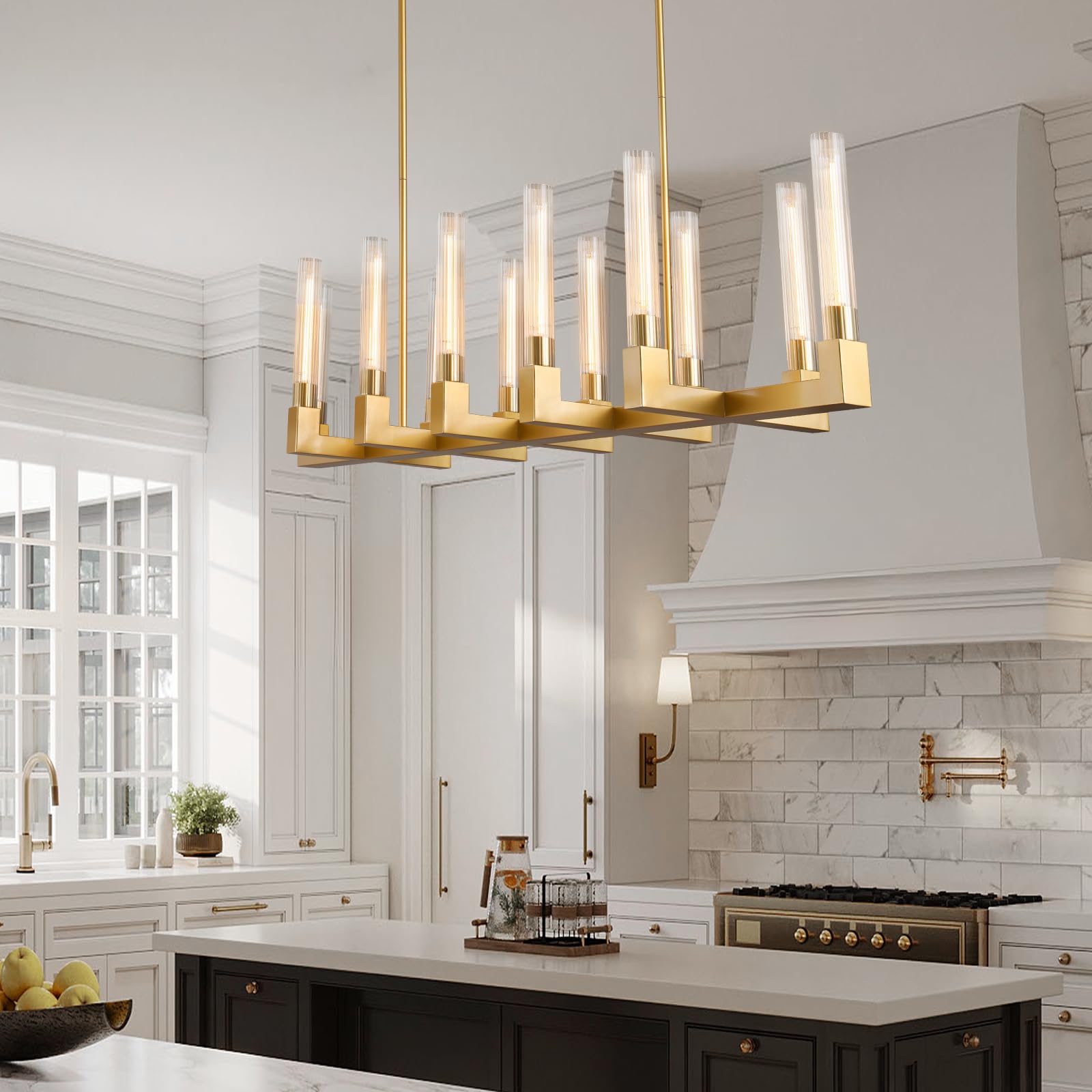 Farmhouse Chandelier with Glass Tube, Gold 12 - Lights Modern Chandeliers Over Table 54''Rectangular Luxurious Large Ceiling Pendant Lighting Fixture for Dining Living Room, Foyer - Camilalamps - B0CR4798R4